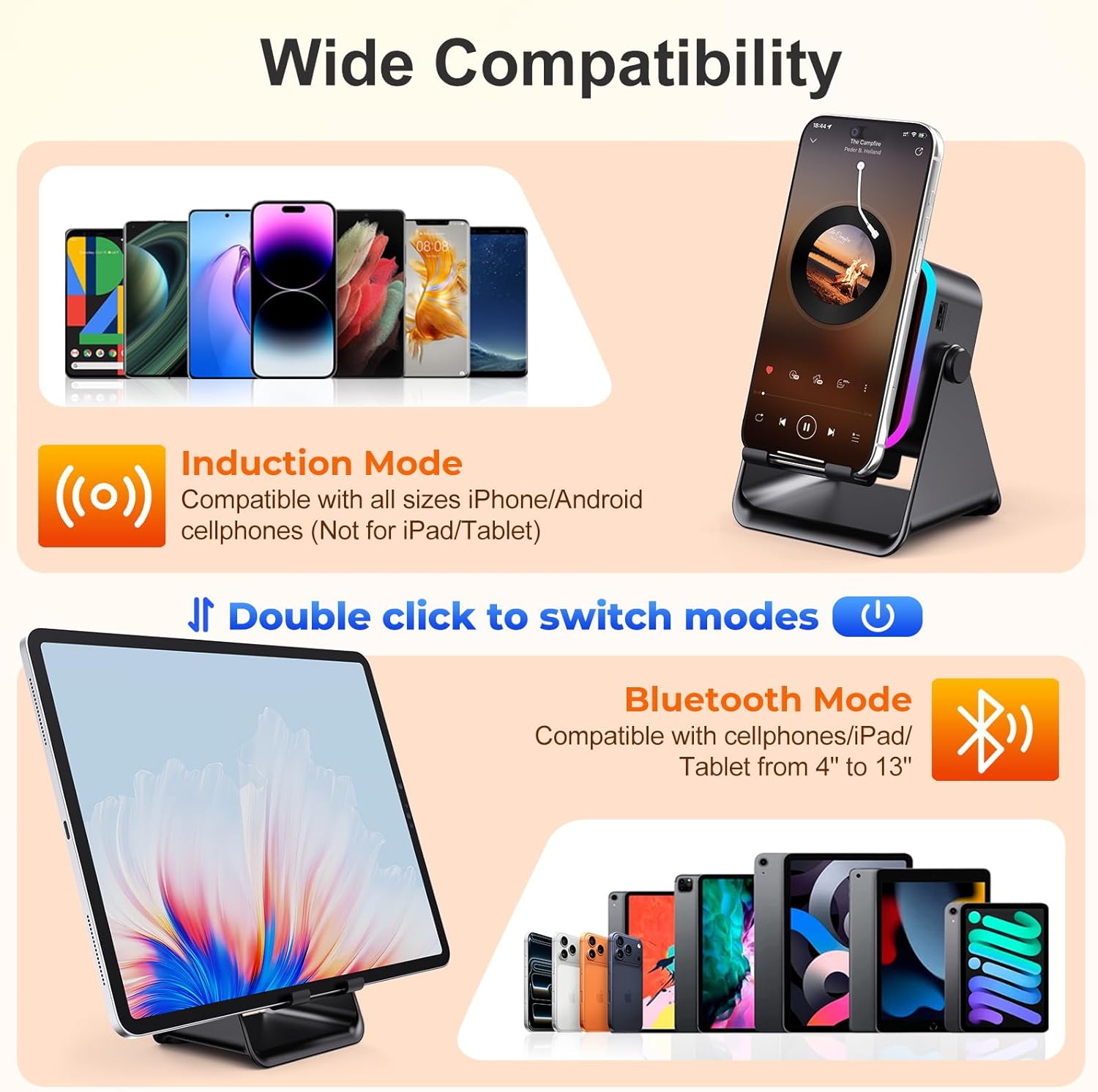 Thumbnail 4 de BOLONMI Wireless Bluetooth Induction Speaker (Black) with 3500mAh Battery, RGB Lights & Phone Stand