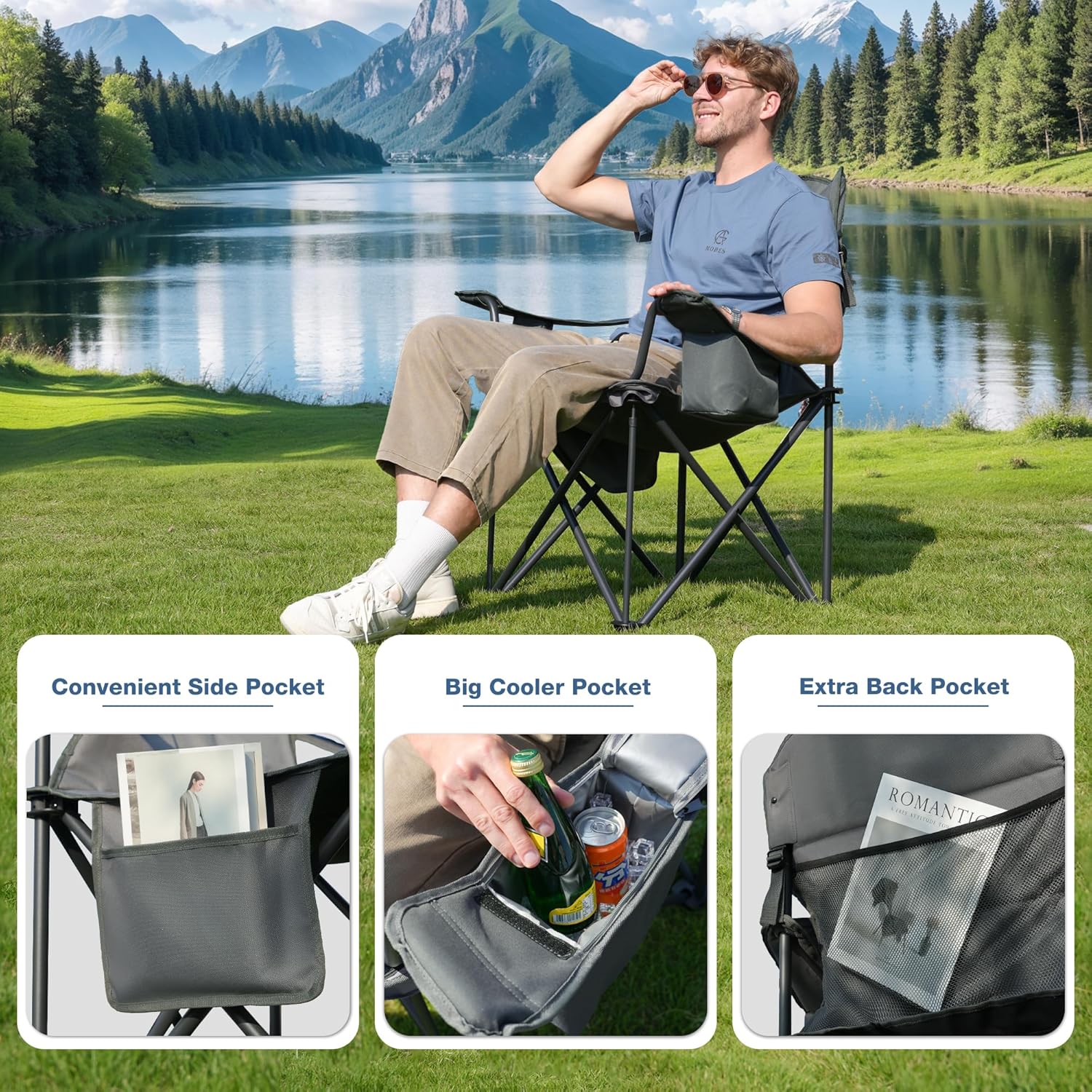 Detalle 2 de RELAX FIELD Set of 2 Oversized Camping Chairs for Adults – Heavy Duty, 200kg Capacity, Cup Holder & Cooler Bag (Grey)