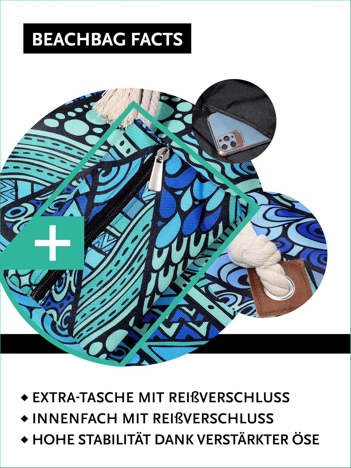 Detalle de DonDon Strandtasche mit Reißverschluss XXL – robuste Badetasche für Strand & Meer
