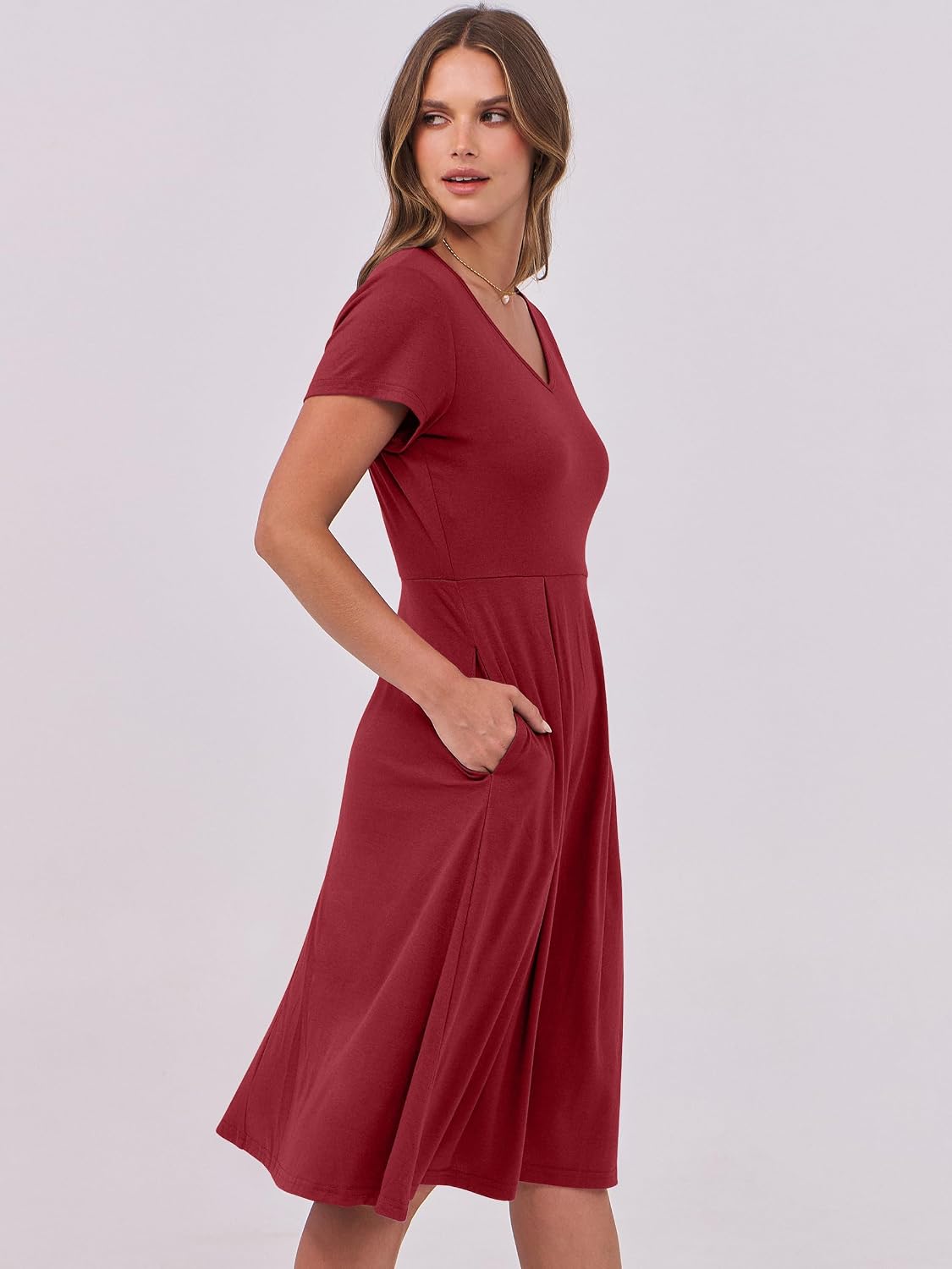 Detalle de ANRABESS Women Summer Dress: V-Neck A-Line Midi with Pocket