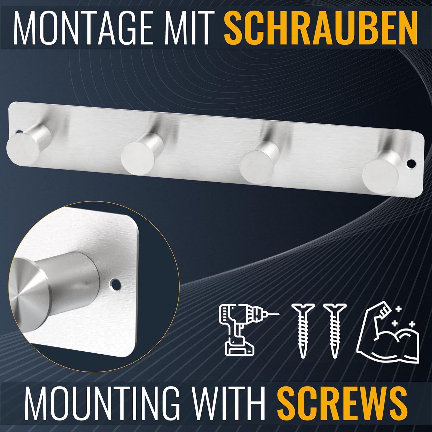 Detalle de Porte Manteau Mural RICOO MH025S-4x2 en Acier Inoxydable – Élégant et Durable