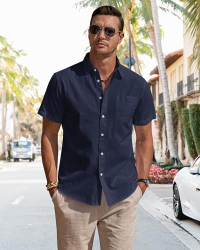 Detalle de J.VER Herren Leinenhemd Sommer Kurzarm Dunkelblau 3XL – Leinenshirt, knitterarm, pflegeleicht