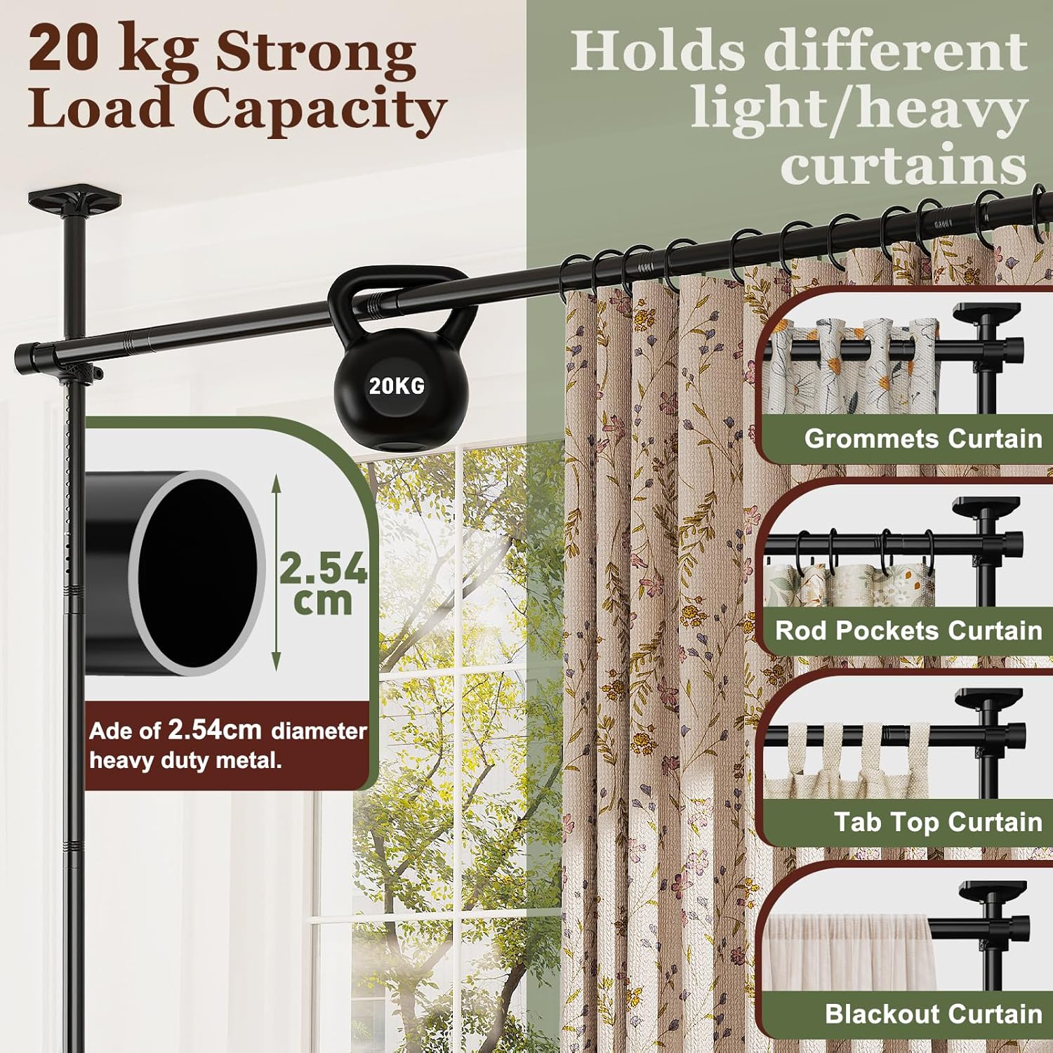 Detalle de Yeabett Raumteiler-Stange – Raumtrennsystem ohne Bohren, 122–305 cm × 70–177 cm (H×B), schwarz