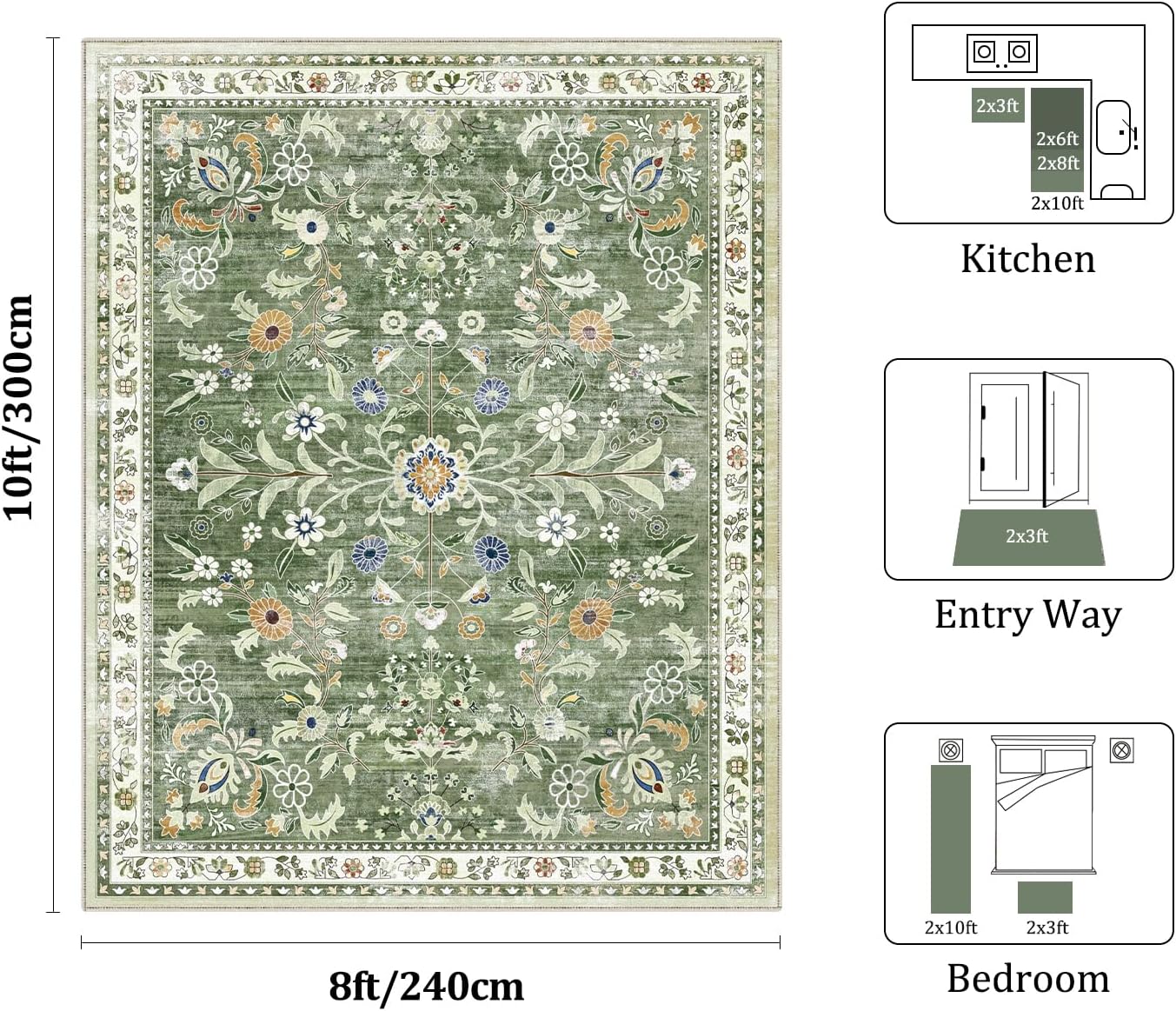 Detalle 2 de Yamaziot 8' x 10' Washable Floral Area Rug, Sage Green Polyester, Low Pile