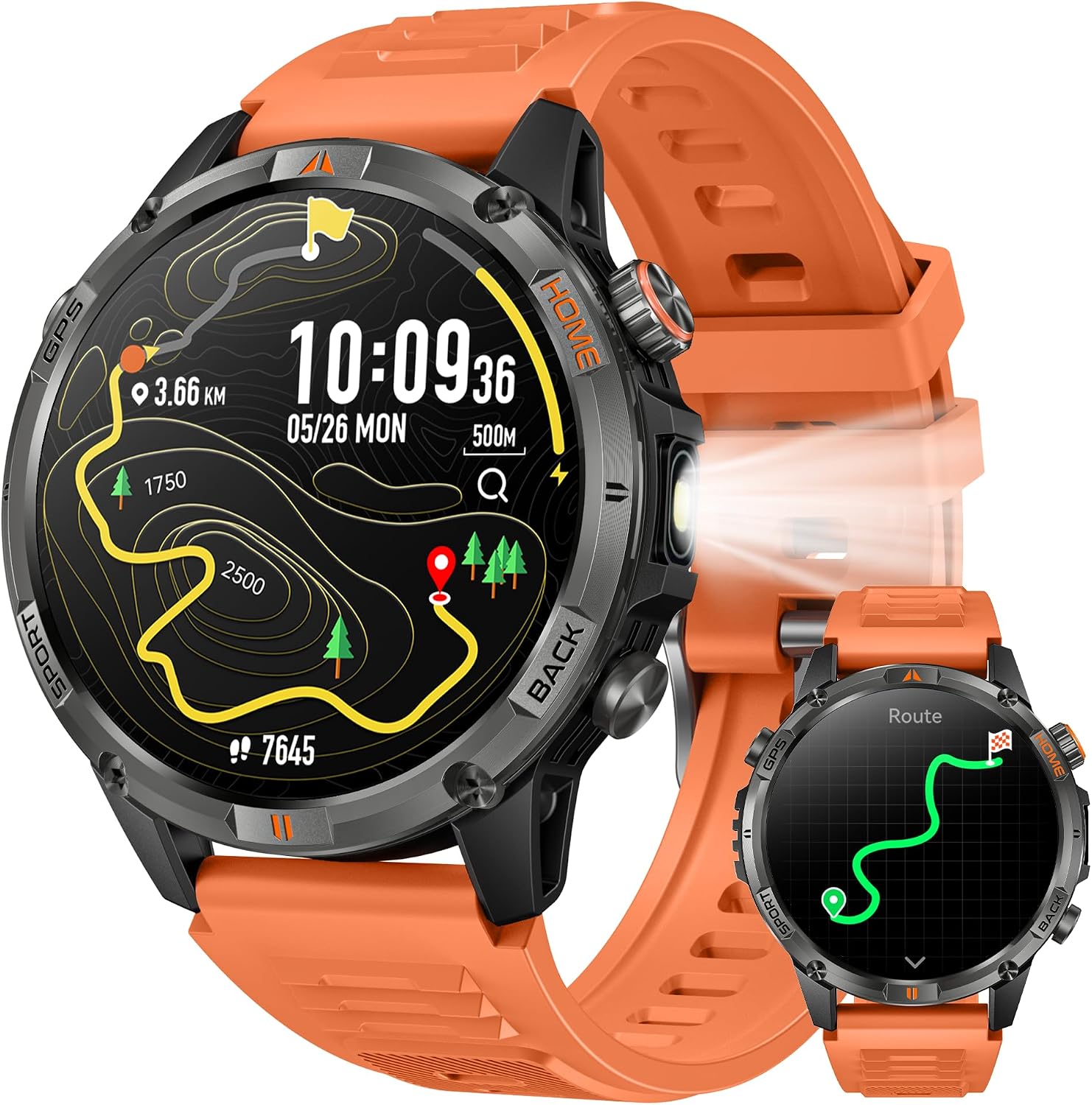 Detalle de idomars YK15 GPS-smartwatch met rond scherm van 1,46 inch en IP68