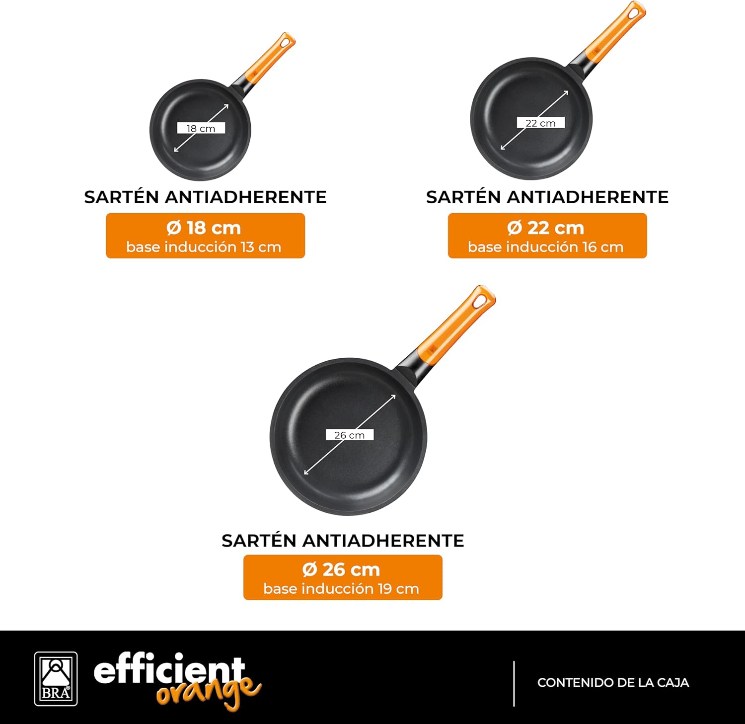 Detalle 2 de BRA Efficient Orange Sartenes 3 unidades 18/22/26 cm