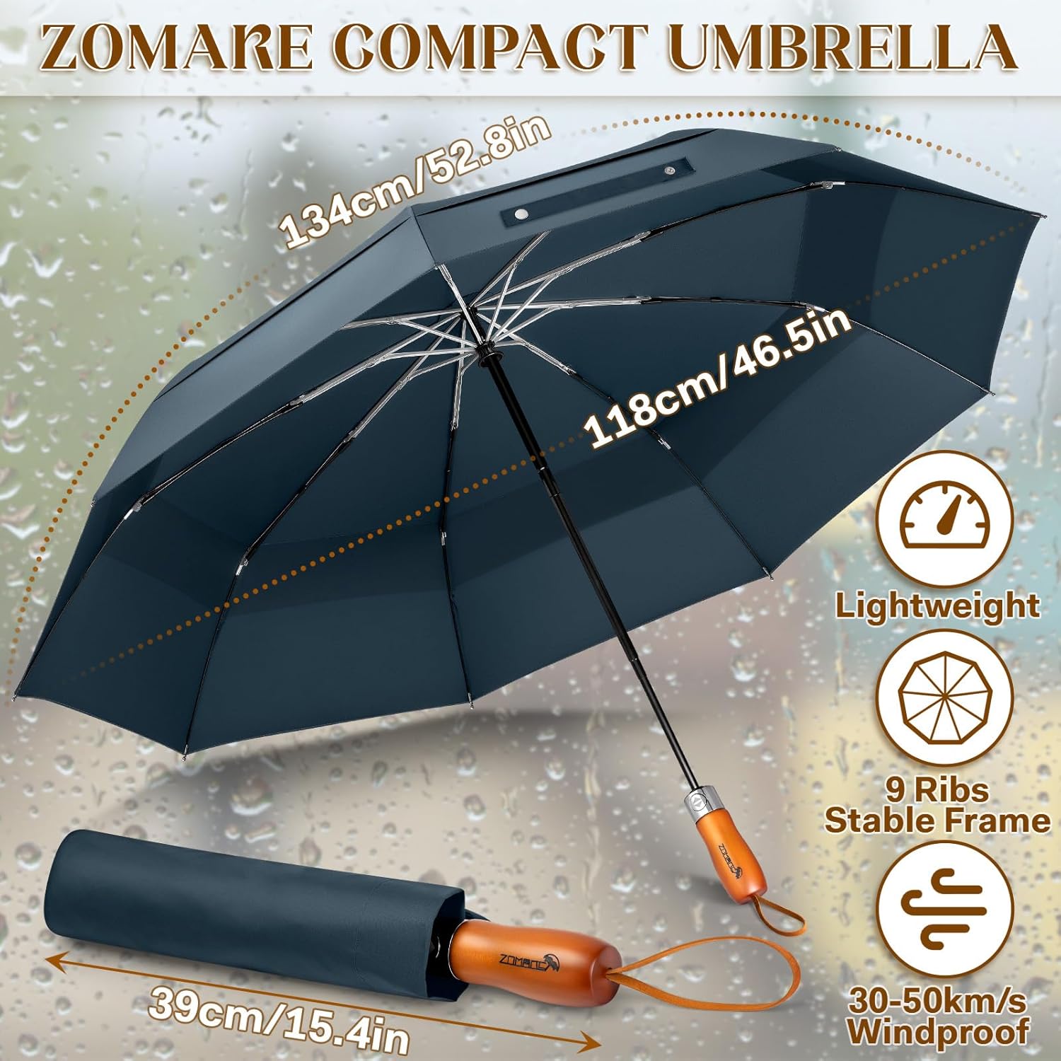 Thumbnail 1 de ZOMAKE Parapluie pliant double canopée 54 pouces (poignée en bois, anti-vent)
