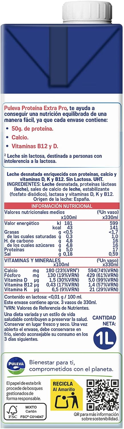 Detalle de Puleva Proteína Extra Pro Pack 6 x 1L: proteína, calcio y vitaminas en una bebida lista para tomar