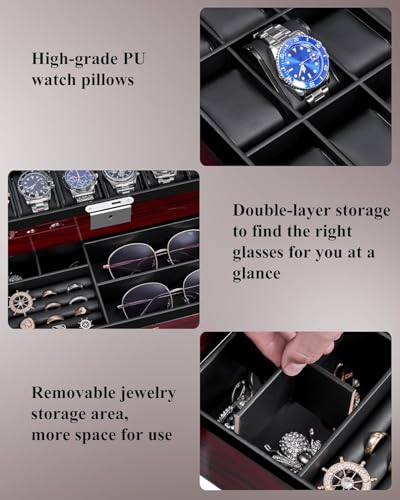 Detalle 2 de ANWBROAD Caja de Relojes con 12 Ranuras y Tapa de Cristal – Joyero para Hombre
