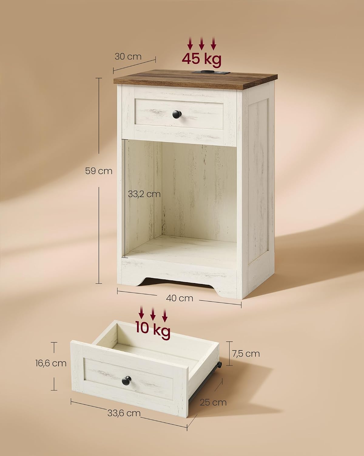 Thumbnail 1 de VASAGLE Siren LET628WJ01: Comodino con prese USB, cassetto e ripiano aperto, 40 x 30 x 59 cm, bianco/marrone