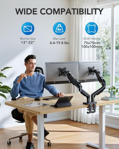 Detalle de HUANUO FlowLift Dual Monitor Stand — Fully Adjustable Dual Arm Desk Mount for 13–32" Screens