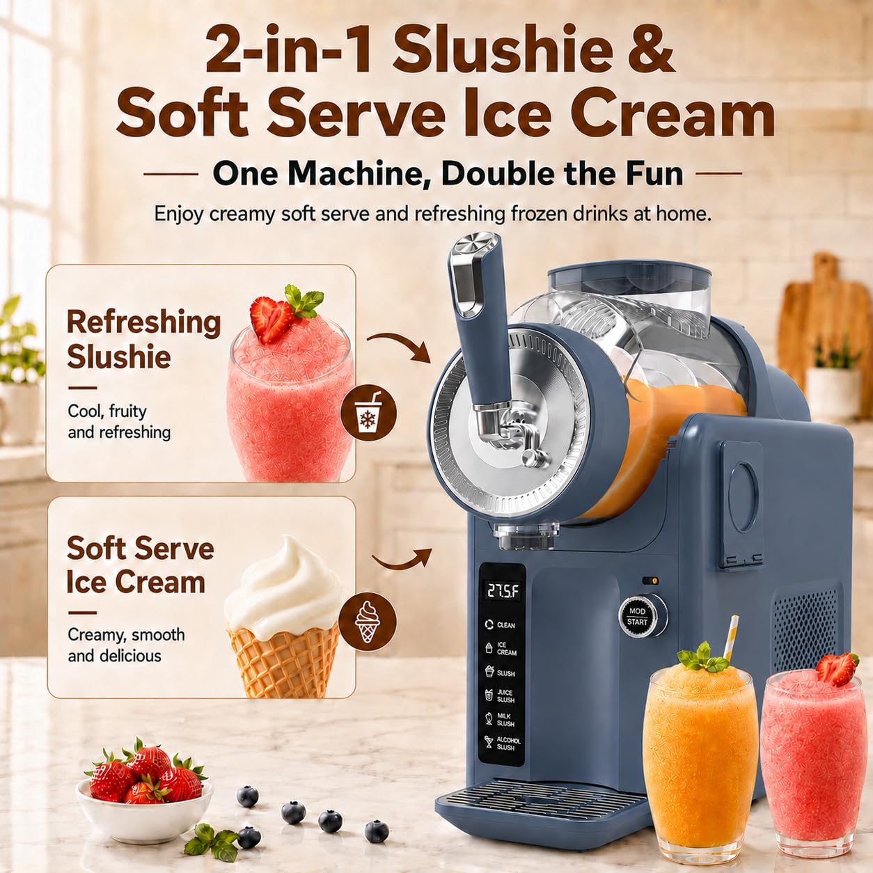 Thumbnail 2 de SYINTAO Slushie Machine No Ice Needed, 2-in-1 Frozen Drink & Soft Serve Ice Cream Maker (Blue-gray)