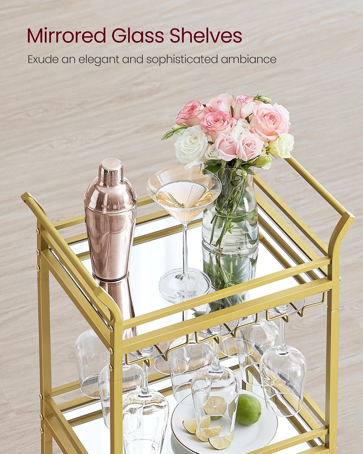 Detalle 2 de VASAGLE Baris Collection LRC091A62 3-Tier Drinks Trolley with Mirrored Glass Shelves