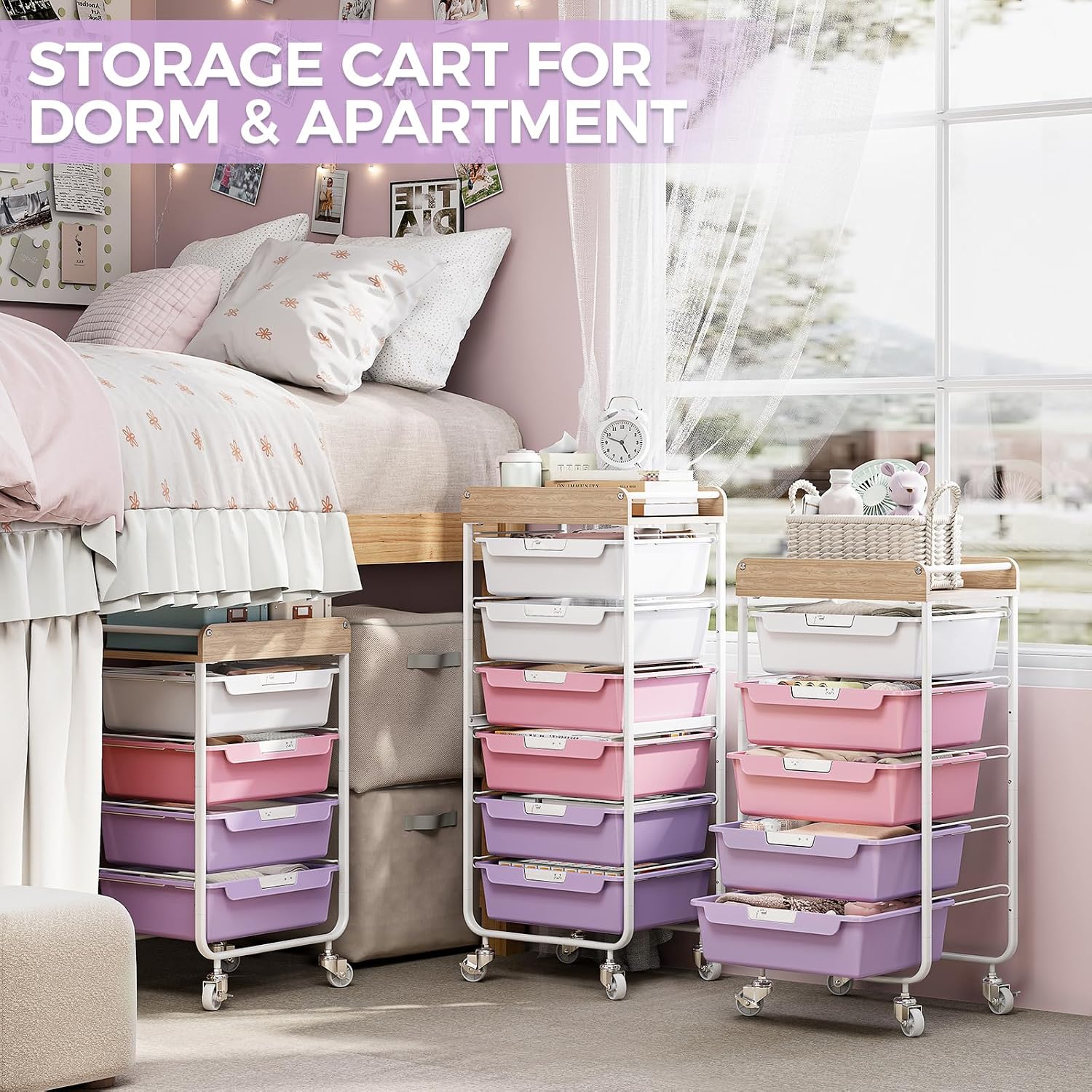Thumbnail 6 de SYKIARIOL 5-Drawer Rolling Utility Cart with Wooden Tabletop, Purple