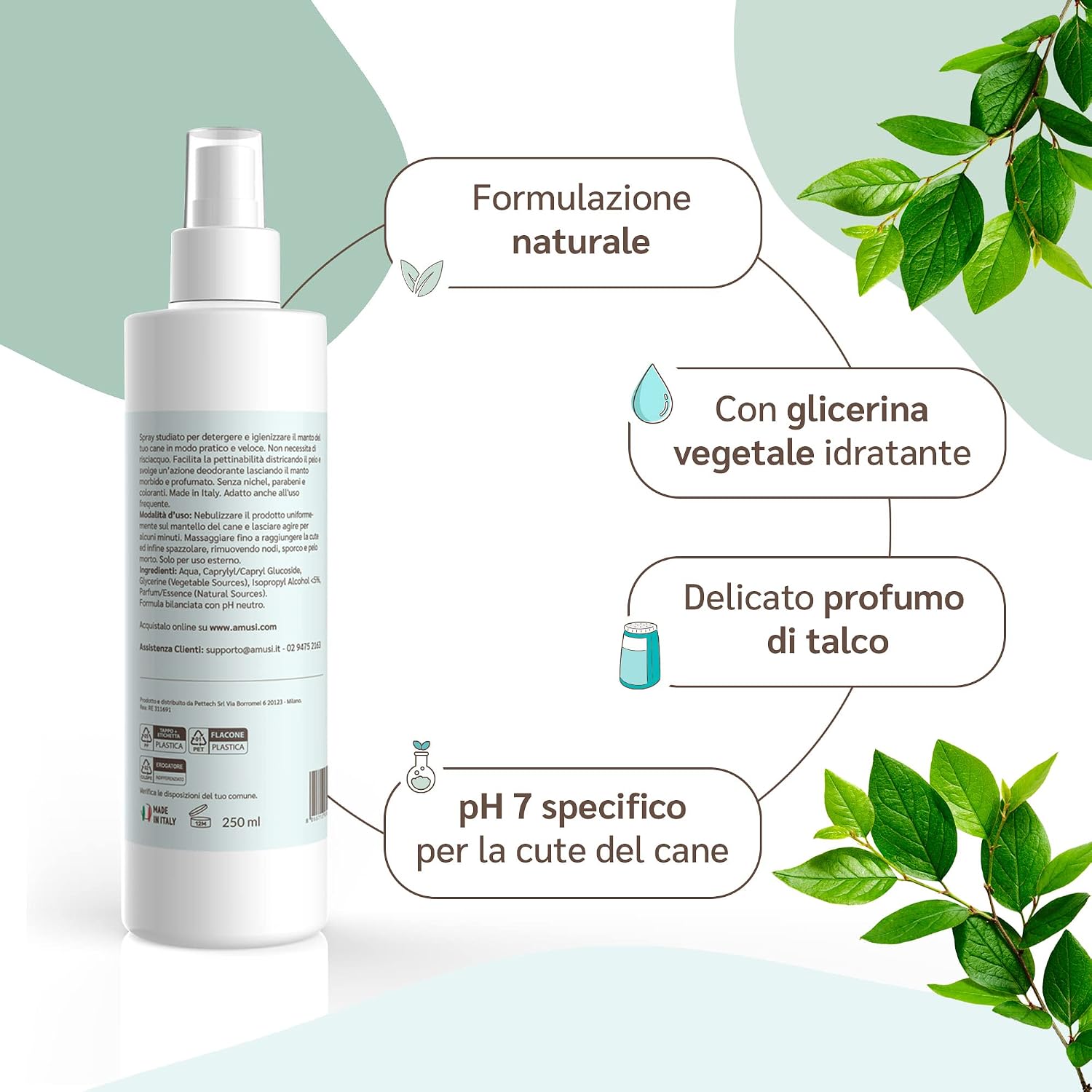 Detalle de amusi Shampoo Secco per Cani 250 ml Antiodore – spray senza risciacquo, naturale e vegano