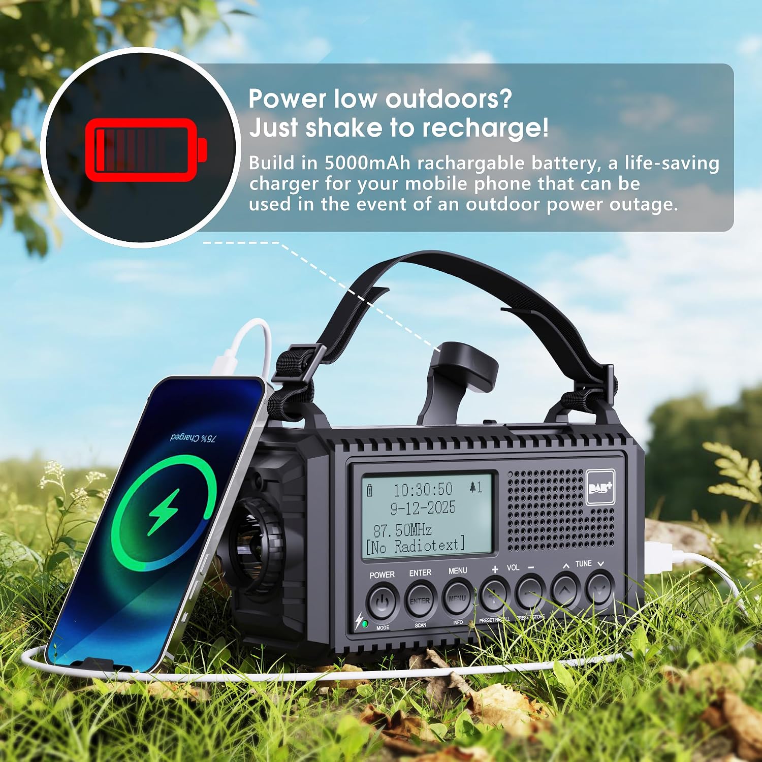 Detalle 1 de ROCAM CR1009PRO DAB draagbare DAB+/FM-noodradio met zonnepaneel, zwengel en 5000 mAh