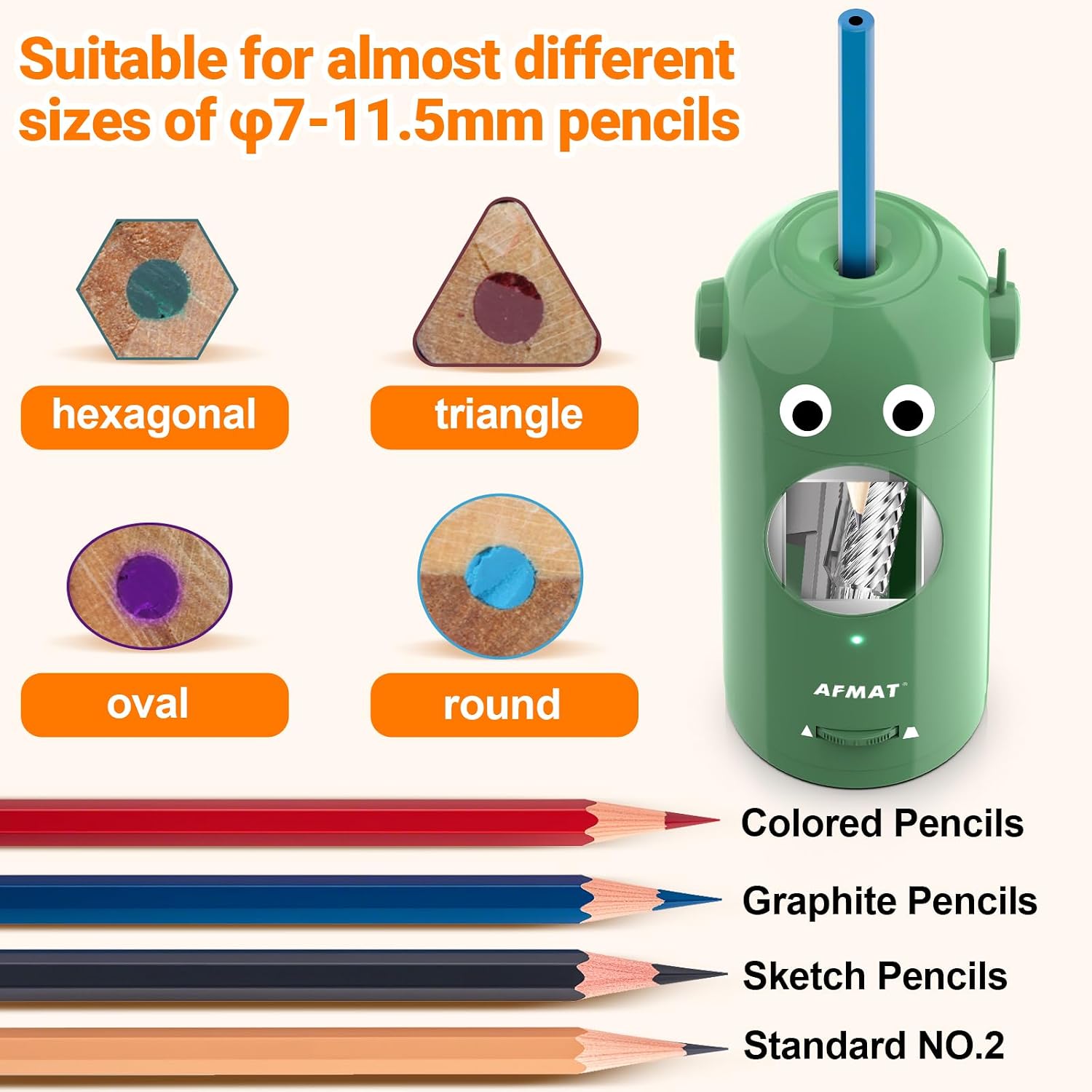 Detalle 2 de AFMAT PSX5 fully automatic rechargeable electric pencil sharpener for coloured pencils (7–11.5mm)