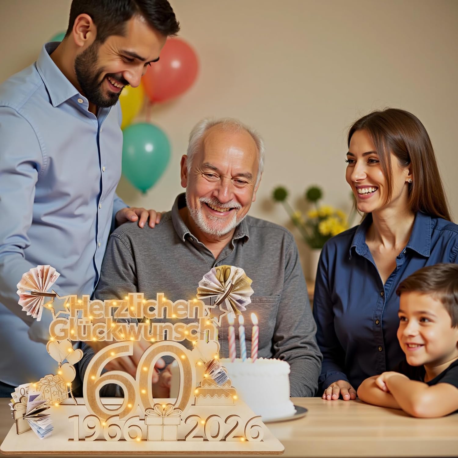 Thumbnail 6 de ARTREE 60 Geldgeschenke zum 60. Geburtstag und Diamantene Hochzeit – personalisiertes Holzschild mit LED-Lichterkette und Gästebuch