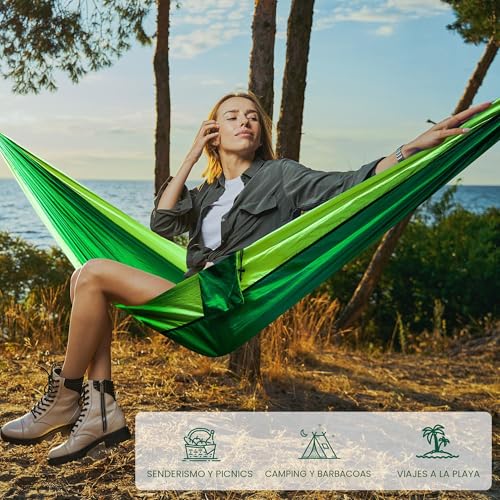 Thumbnail 6 de Zouway Hamaca de camping al aire libre con correas de árbol y funda integrada (verde oscuro) — soporta hasta 200 kg