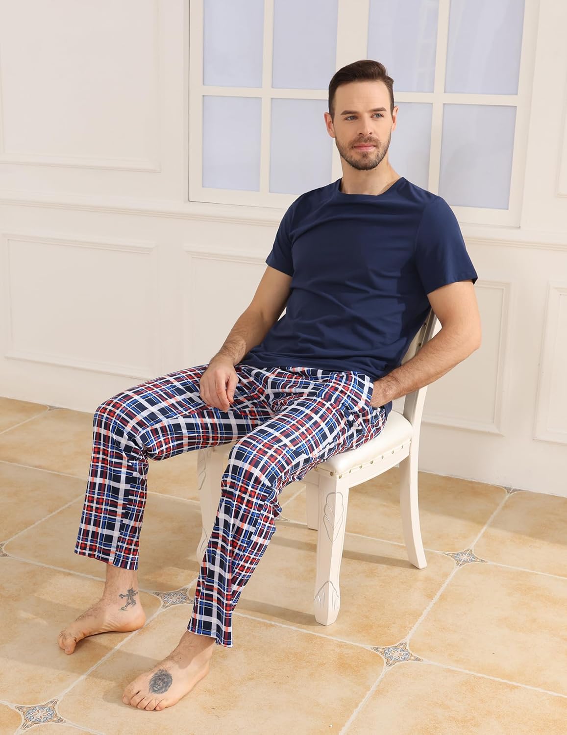 Thumbnail 4 de TeJoyce Men's Pyjamas Set: Cotton Short Sleeve Top & Plaid Long Pants (2-Piece) for Lounge and Sleep