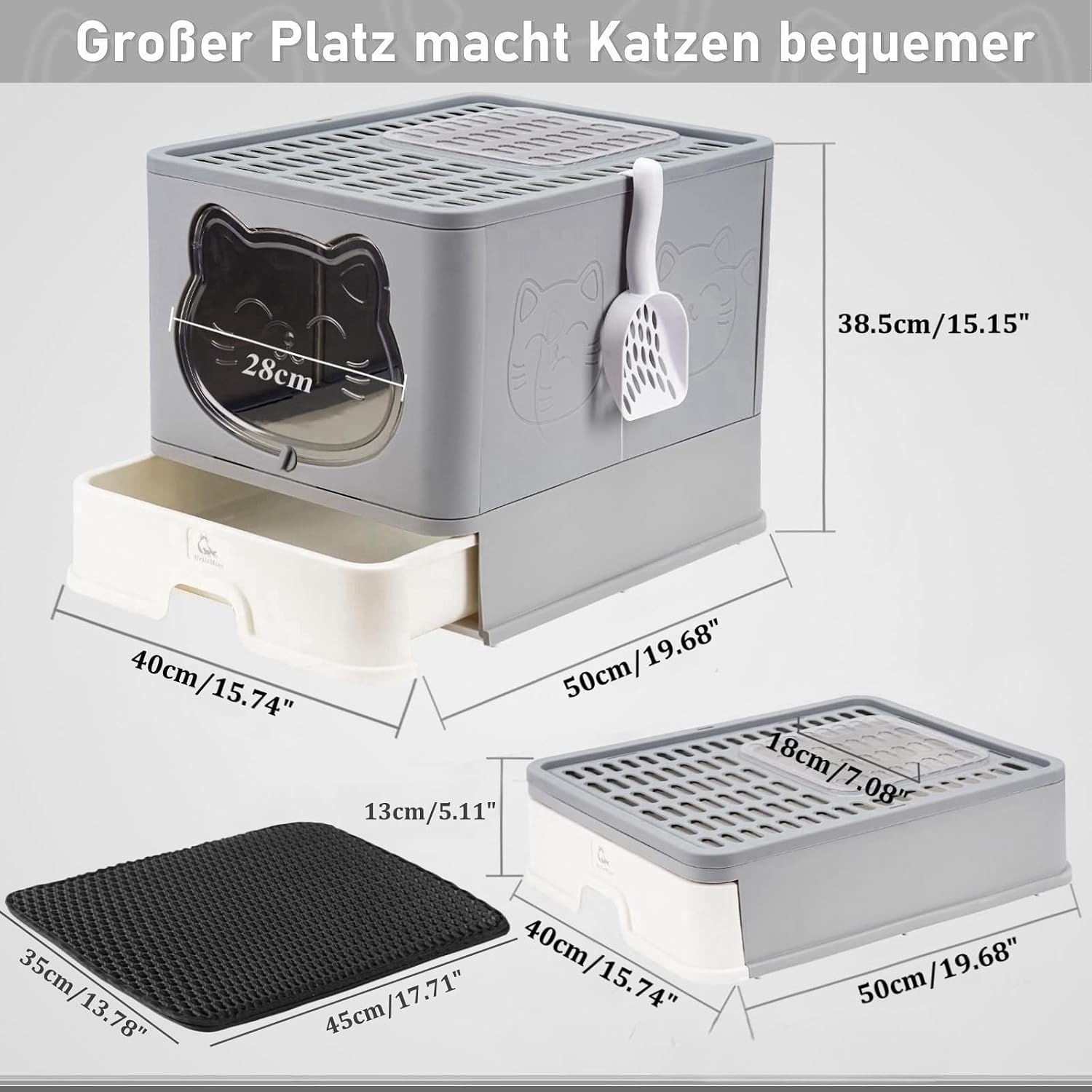 Detalle 2 de HelloMiao Vollständig geschlossene Katzentoilette mit Dach – flexibel, geruchsfrei und faltbar (bis 8 kg)