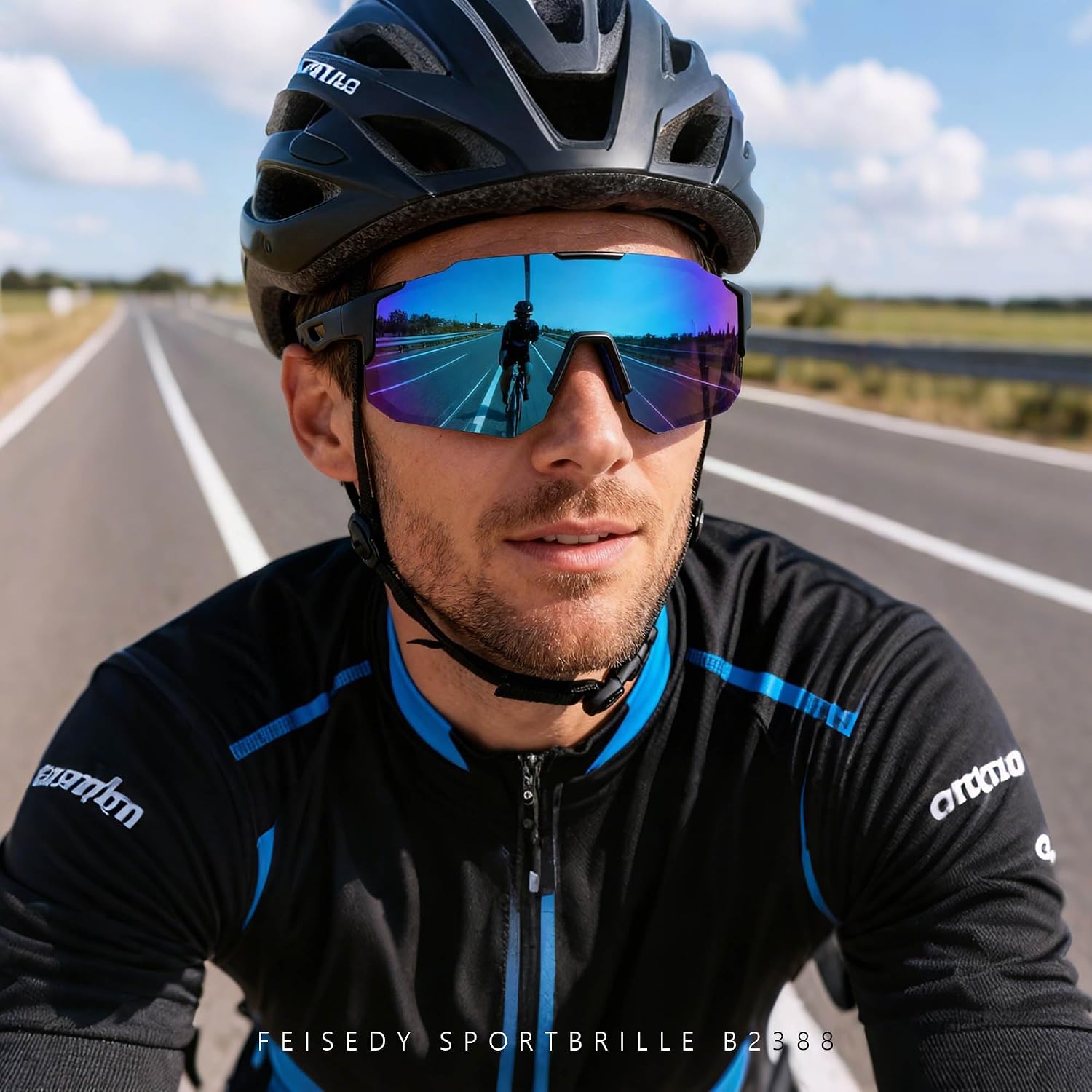 Detalle 2 de FEISEDY Sport Sonnenbrille für Herren & Damen – Fahrradbrille mit UV400, verspiegelten Gläsern und weitem Sichtfeld