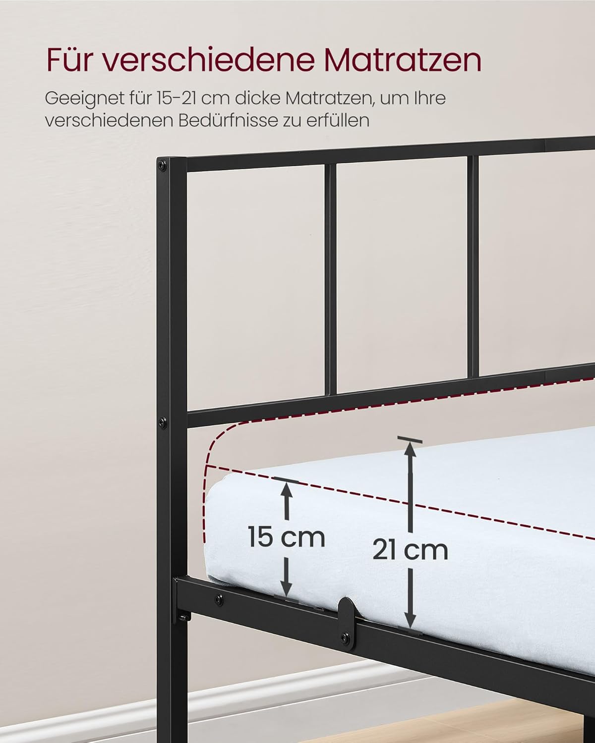Thumbnail 6 de VASAGLE Doppelbettgestell 140 x 200 cm – stabiles Metallbettgestell mit Lattenrost, 500 kg Tragfähigkeit, 28 cm Bodenfreiheit