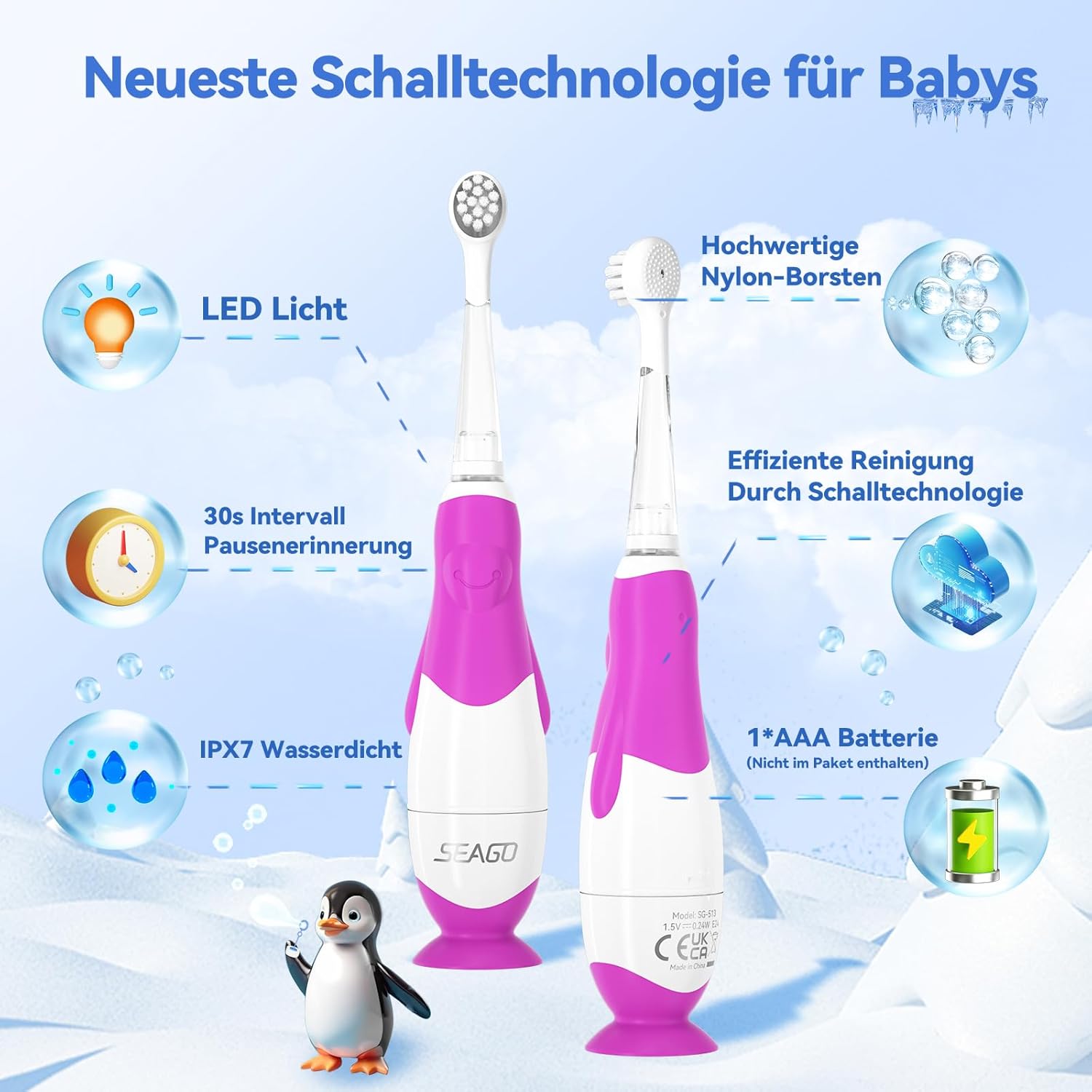Thumbnail 6 de Seago Elektrische Zahnbürste Kinder 0–3 Jahre mit LED-Licht, IPX7, BPA-frei, SG513 (Lila Rosa)