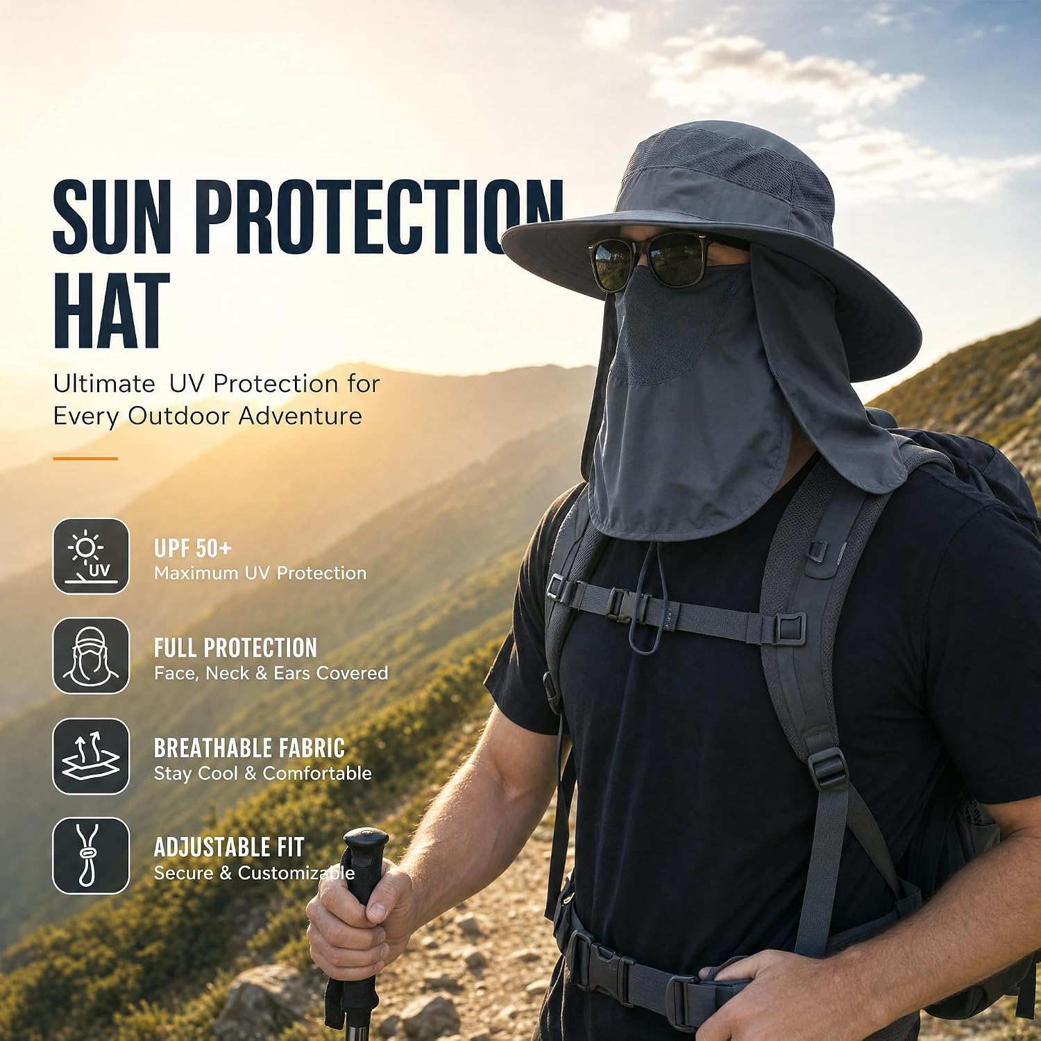 Detalle de Gsoyti Detachable Sun Hat with Wide Brim, UPF 50, Face Cover and Neck Flap