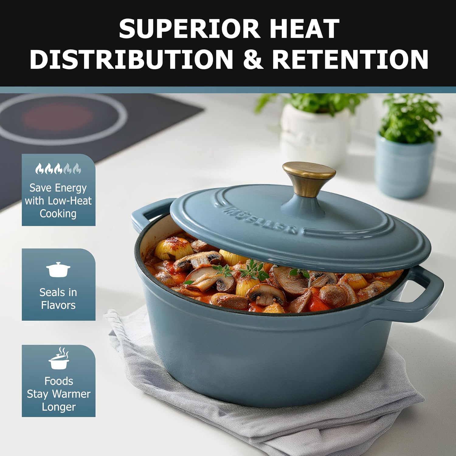 Thumbnail 3 de MUELLER HOME 6 Quart Enameled Cast Iron Dutch Oven with Lid – Mineral Blue