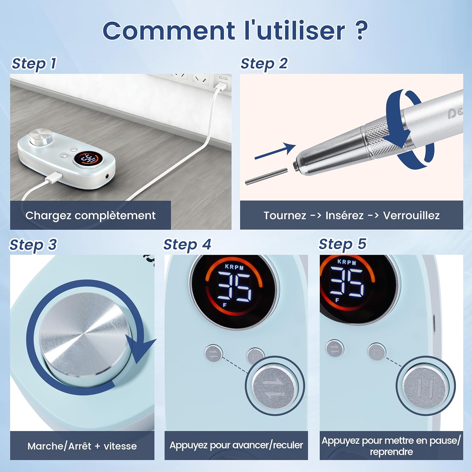 Detalle 2 de Delanie Ponceuse pour Ongles sans noyau 35000 RPM – kit professionnel sans fil