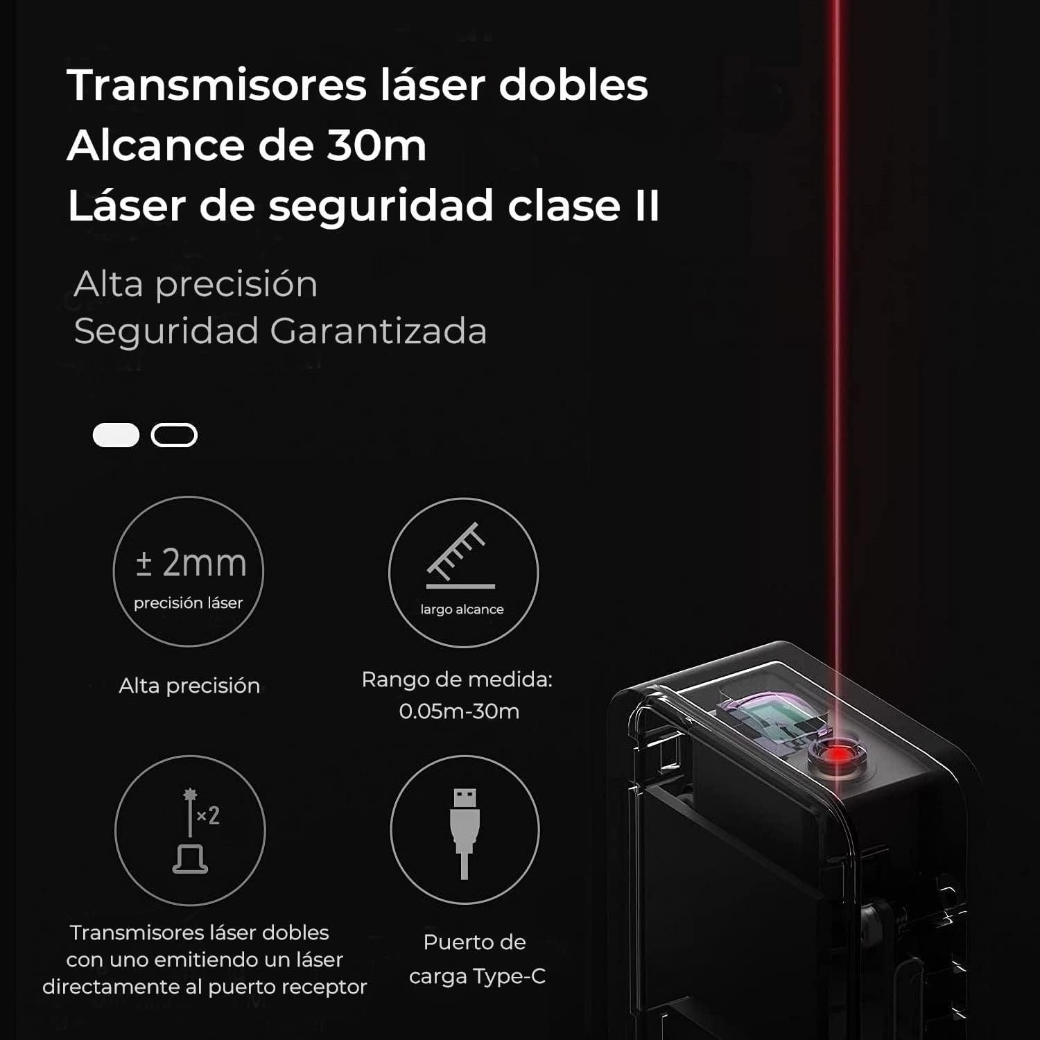 Detalle 2 de HOTO Telémetro Láser con Bluetooth y pantalla OLED (0.05–30 m, ±2 mm) con carga Type-C