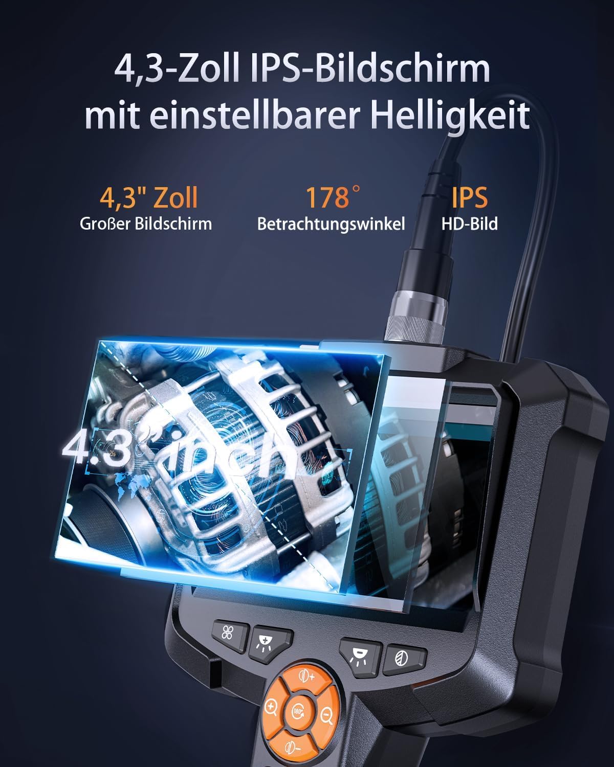 Detalle 2 de AOPICK Dual-Lens Endoskopkamera mit Licht (8 mm, IP67) und 4,3" IPS-Bildschirm – 1080P HD für Rohr- und Kanäleinsichten
