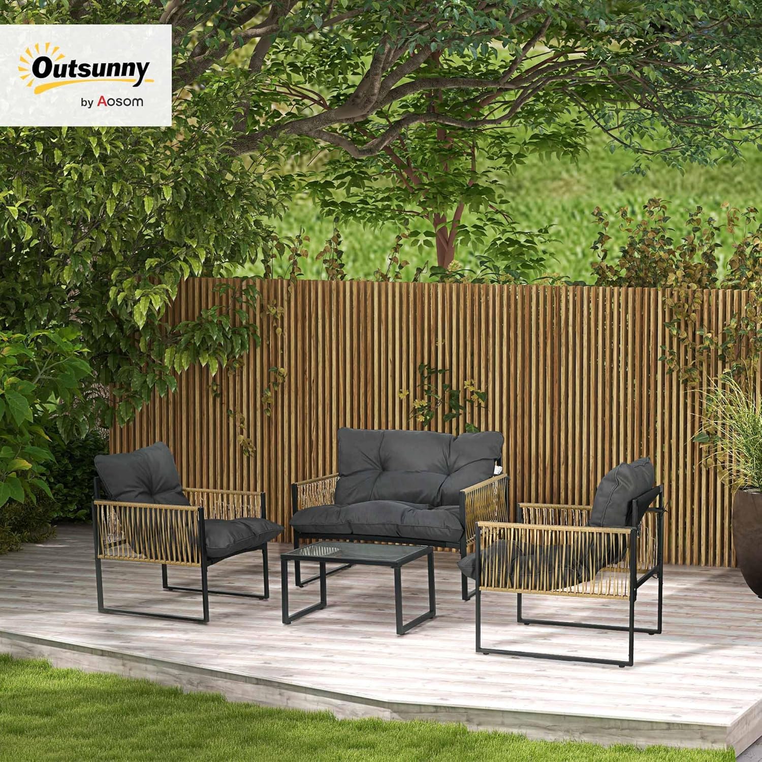Detalle de Outsunny Salon de Jardin Extérieur 4 Pièces - Canapé 2 Places, 2 Fauteuils et Table Basse en Résine Tressée Gris