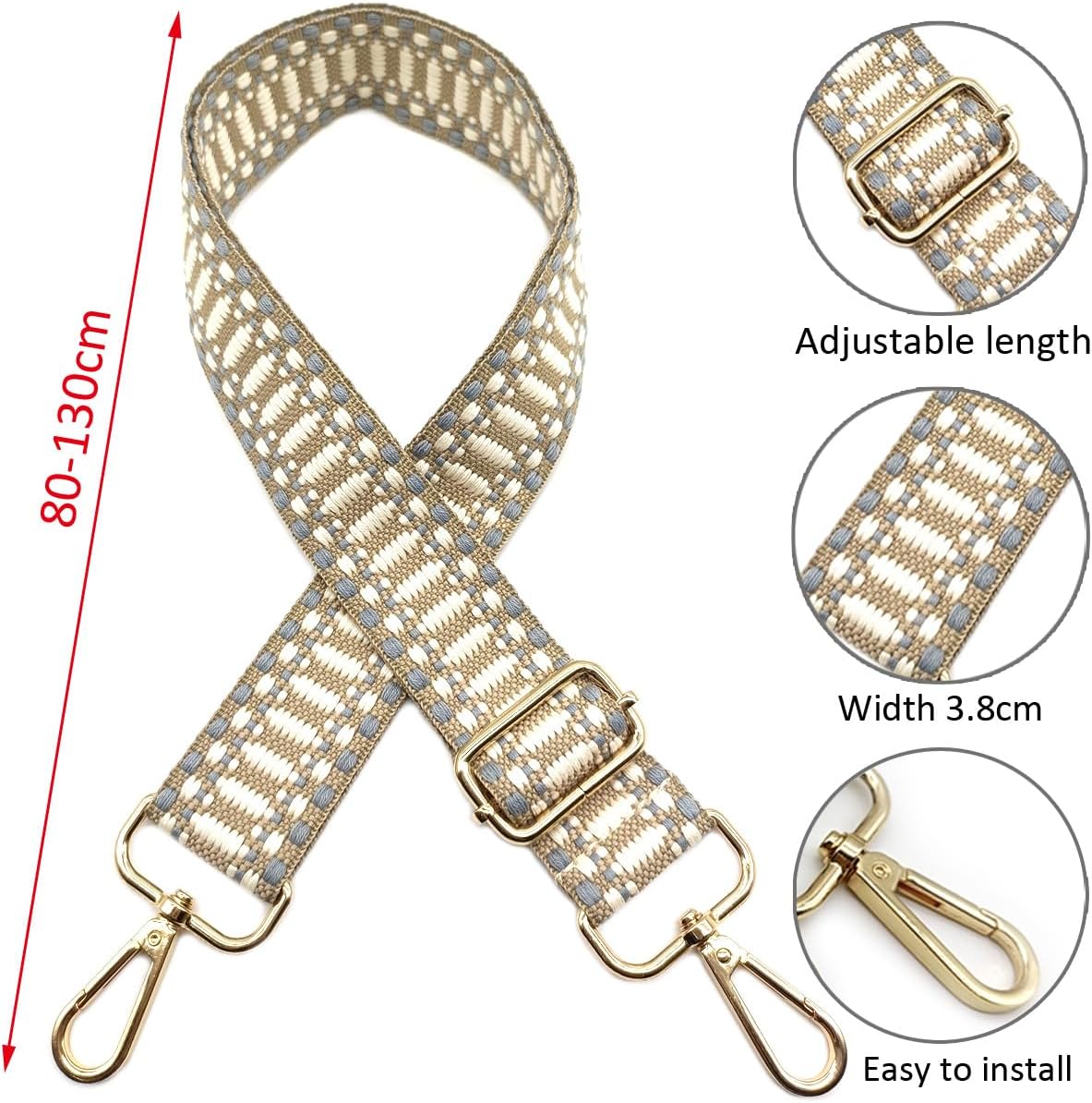 Thumbnail 1 de Verstellbarer Schultergurt Tasche Khaki Beige Grau (80–130 cm) – 3,8 cm breit, mit Karabiner (Gold) zum Wechseln