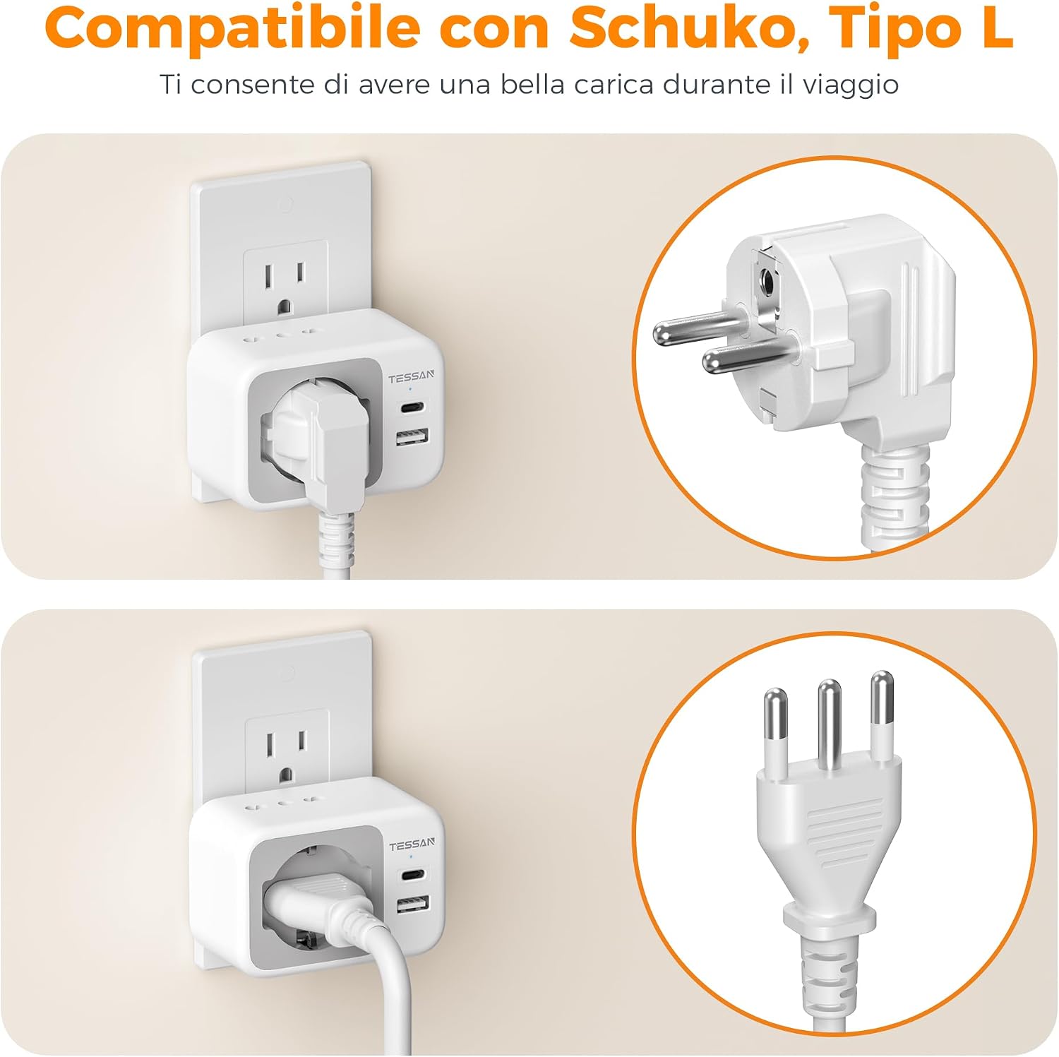 Thumbnail 6 de Adattatore Presa Americana Italiana 5 in 1 in Pack da 2 — USB-C e USB-A, 1875 W, uso internazionale