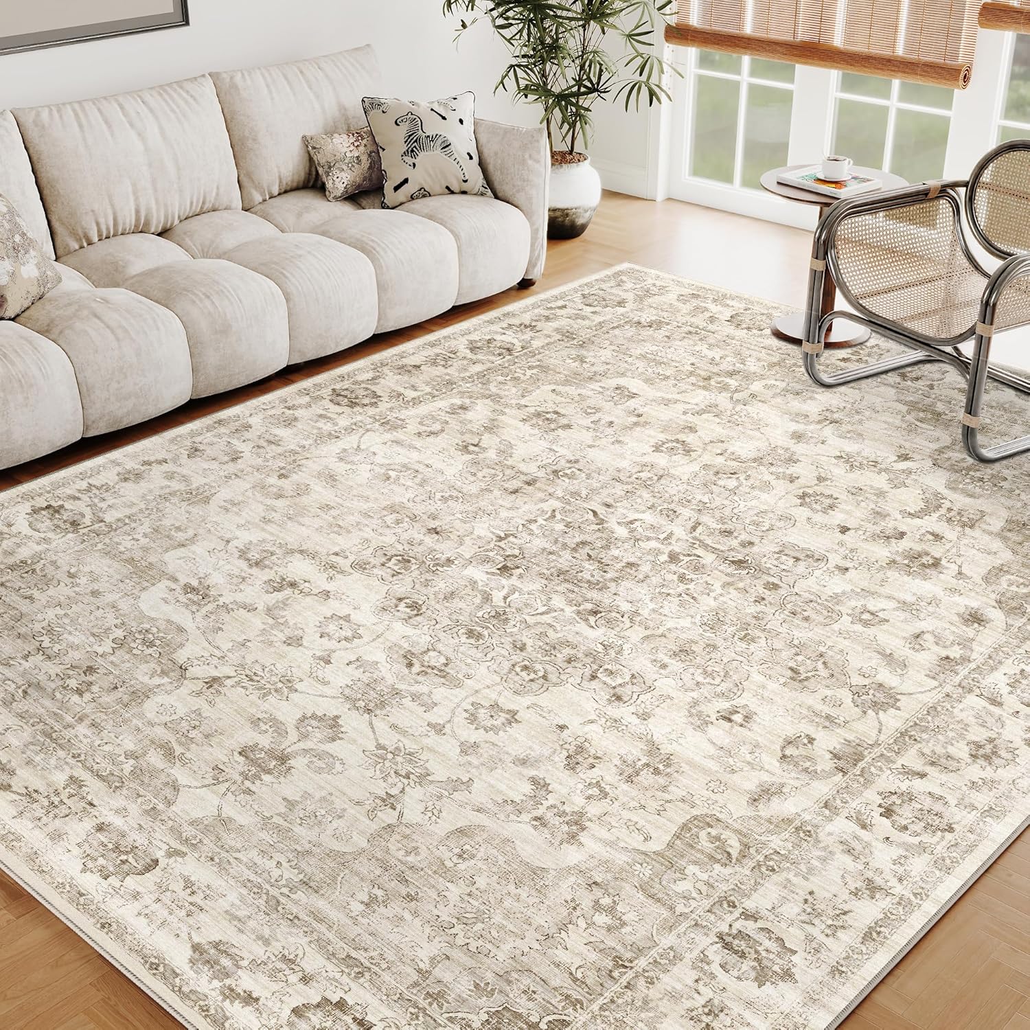 Detalle de HUGEAR Vintage Beige waschbarer runder Teppich (150 cm) – kurzflorig, rutschfest für Wohnzimmer, Schlafzimmer & mehr