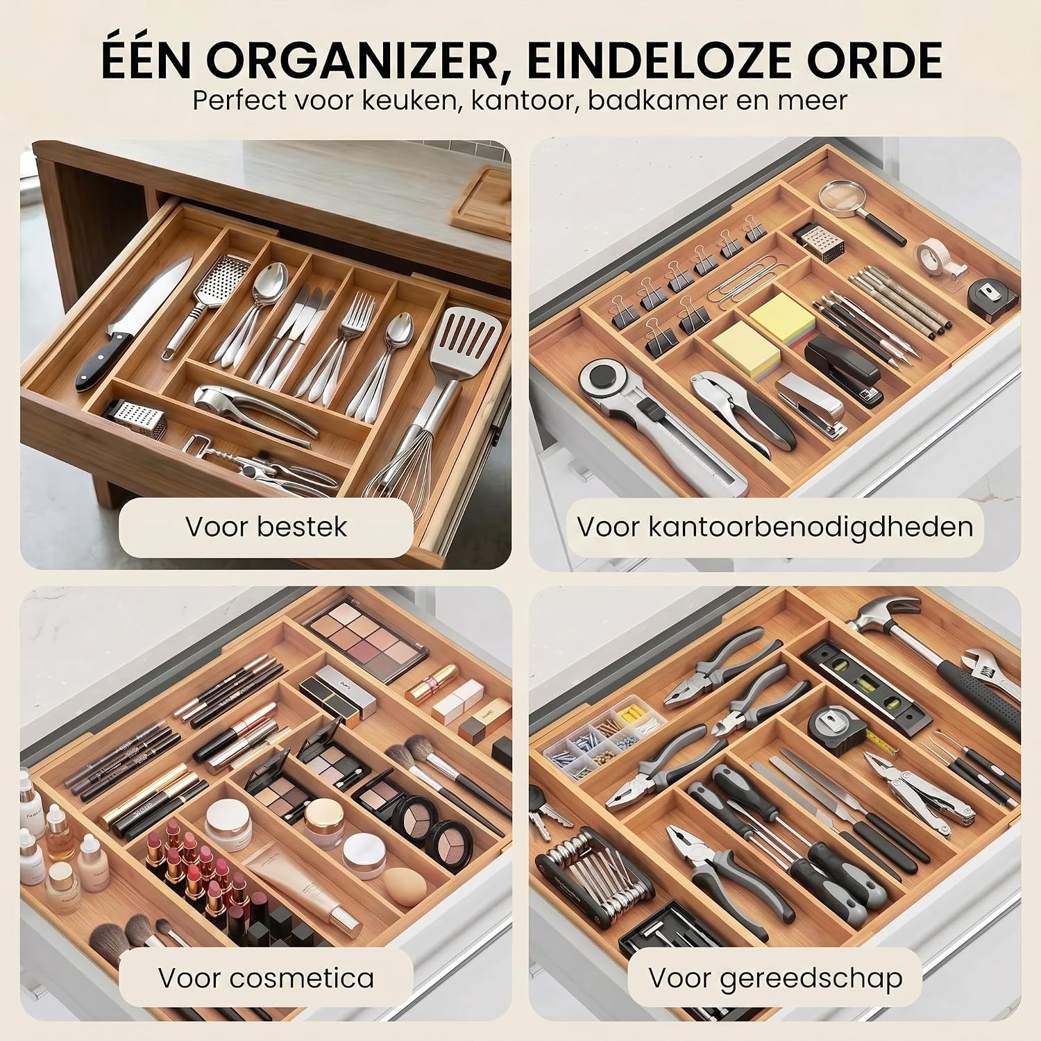 Detalle 1 de Dimono 51651615164 uitschuifbare besteklade-organizer van bamboe, 7–9 vakken