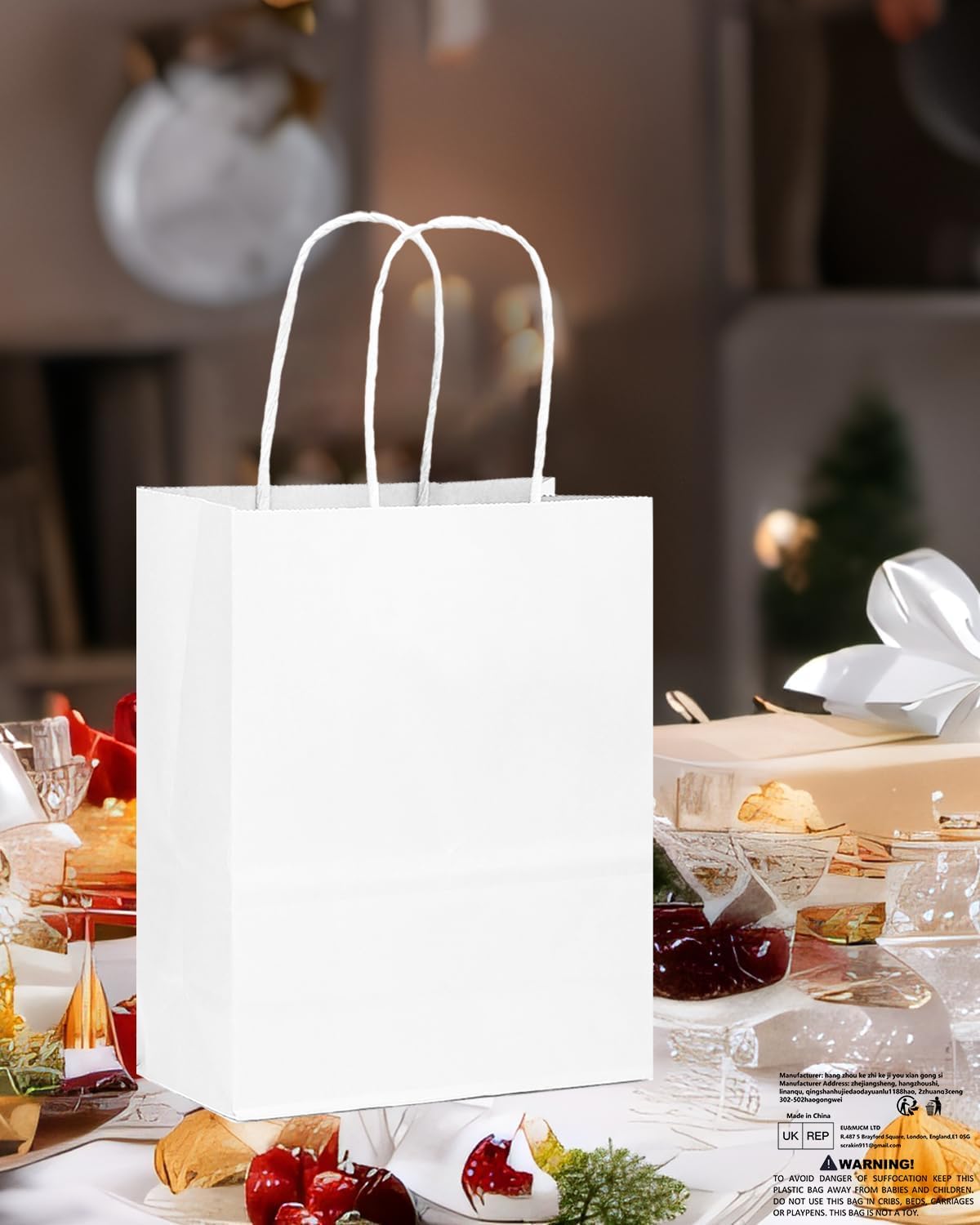 Detalle de Gcardist White Paper Gift Bags with Handles – Bulk 100 Pcs (Size Variants: Large 33, Medium 33, Small 34)