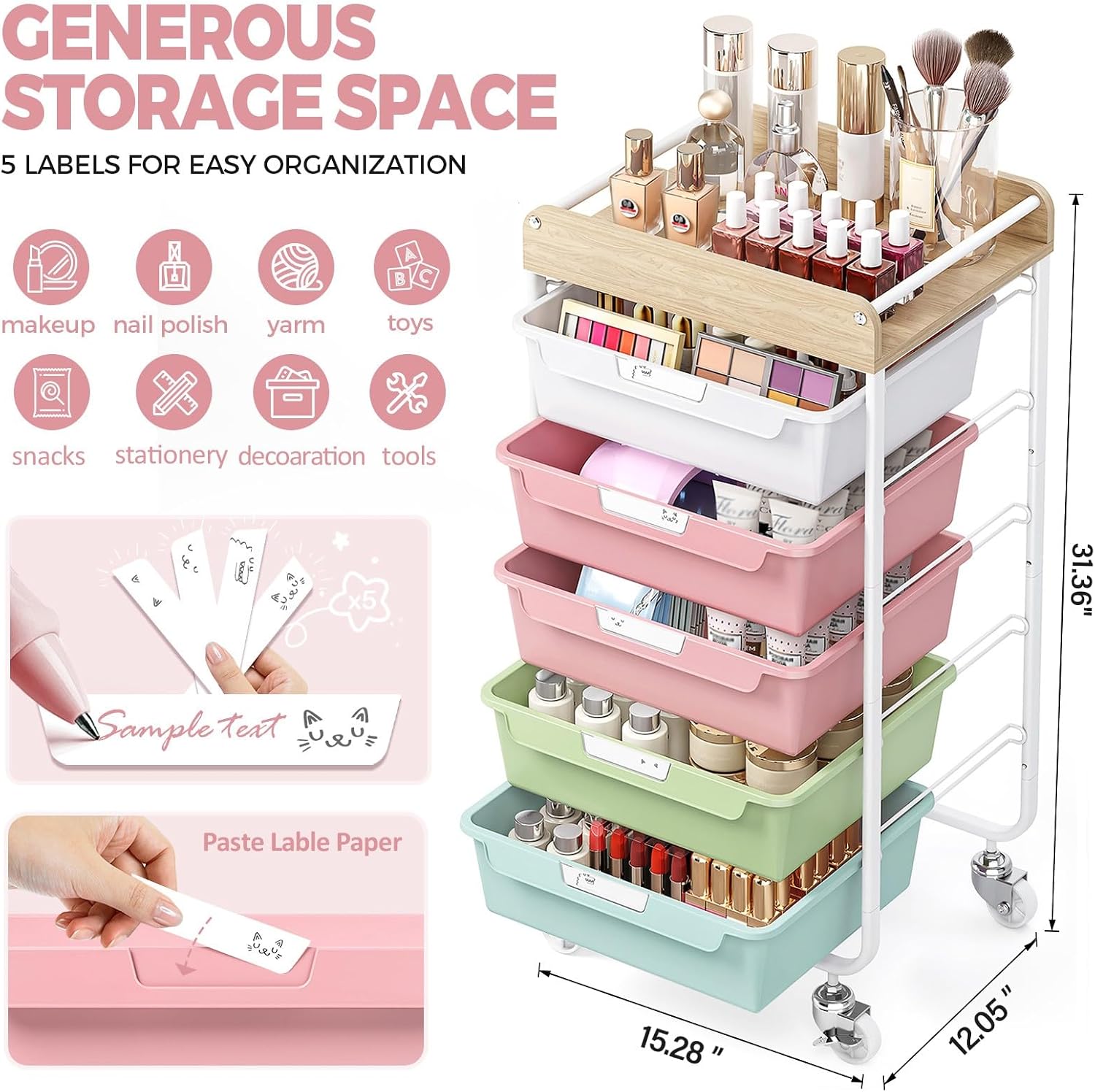 Detalle de SYKIARIOL 1431+1233+1432 Utility Cart with 5 Colorful Drawers and Wood Top
