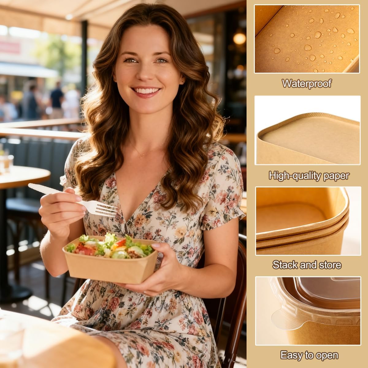 Detalle de Artuxer 50-Pack 29oz Disposable Kraft Paper Bowls with Lids and Forks