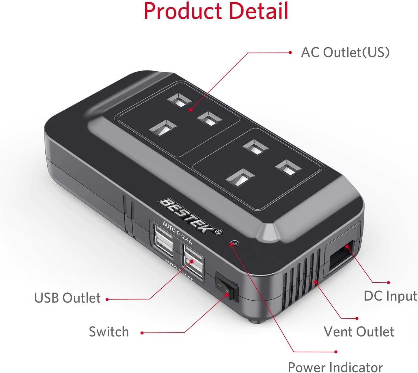 Detalle de BESTEK 200W 12V to 240V Car Inverter with 2 AC Outlets and 4 USB Ports
