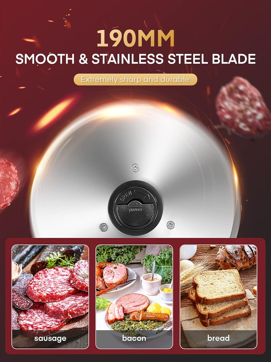 Thumbnail 3 de Electric Meat & Bread Slicer (200W) by FOHERE with 2x 19cm 304 Stainless Blades, Adjustable 0–15mm Thickness
