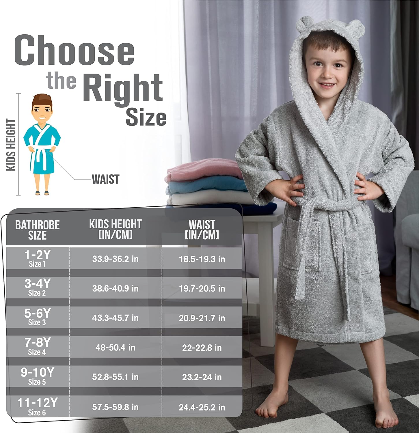 Detalle de Twinzen Kinderbademantel aus 100% Baumwolle mit Kapuze und Ohren (OEKO‑TEX®) – für Mädchen oder Jungen