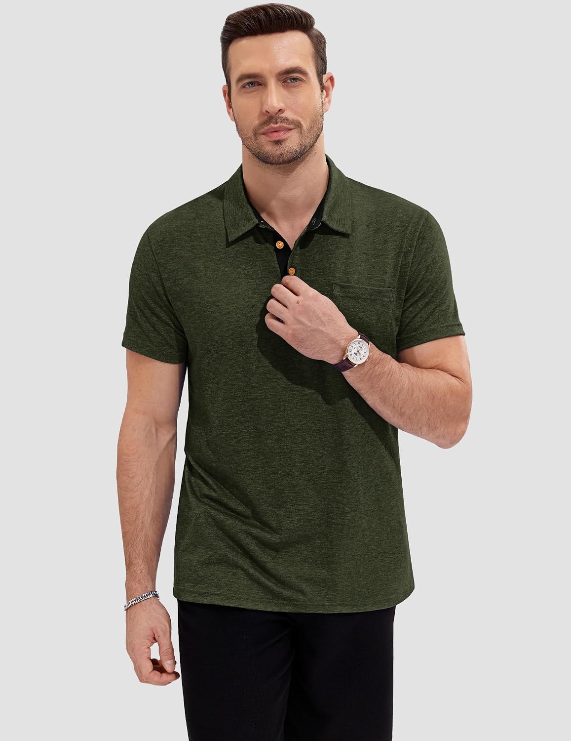 Detalle de TARAINYA Polo Uomo Cotone Maniche Corte con Tasca – Comfort estivo in 95% cotone