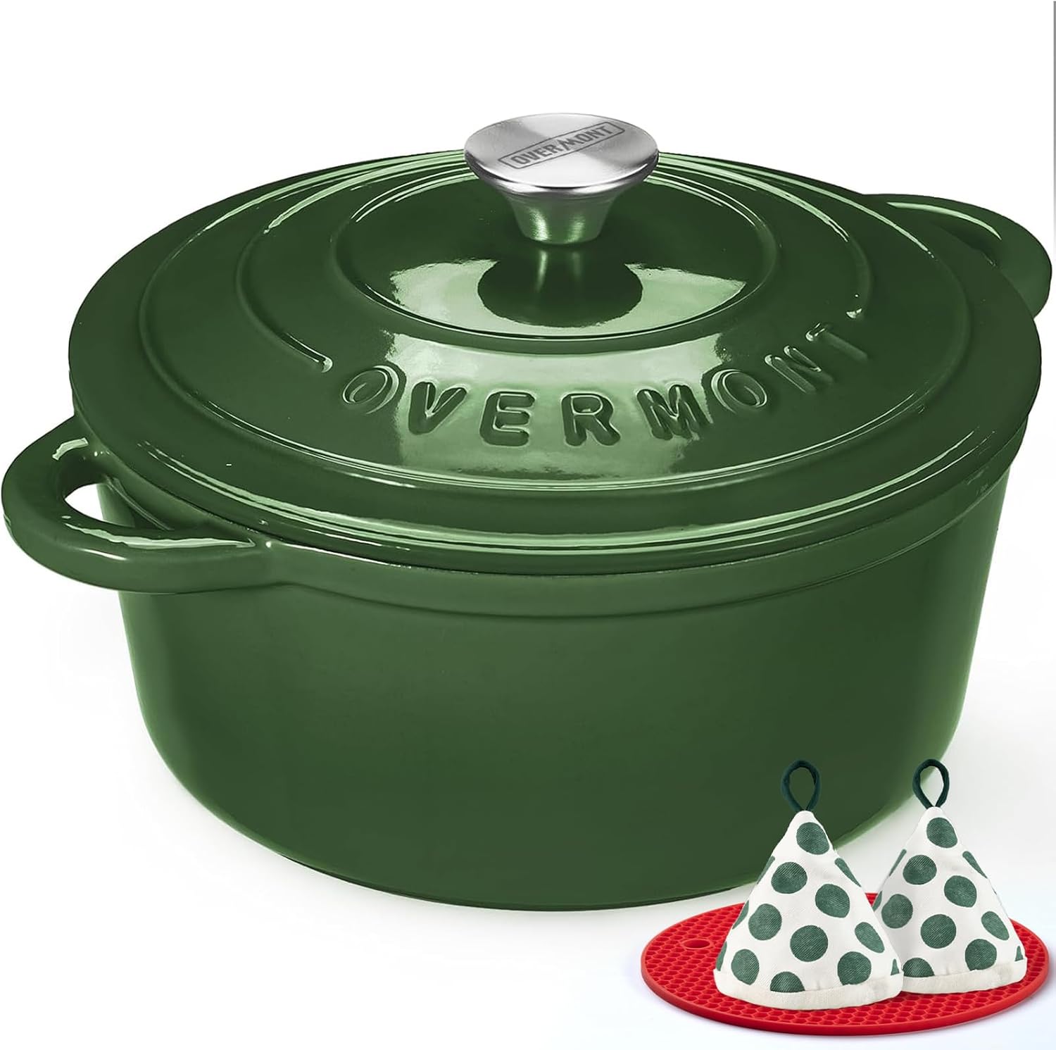 Detalle de Overmont 26cm Enamelled Cast Iron Round Casserole with Lid (5.2L) – Green