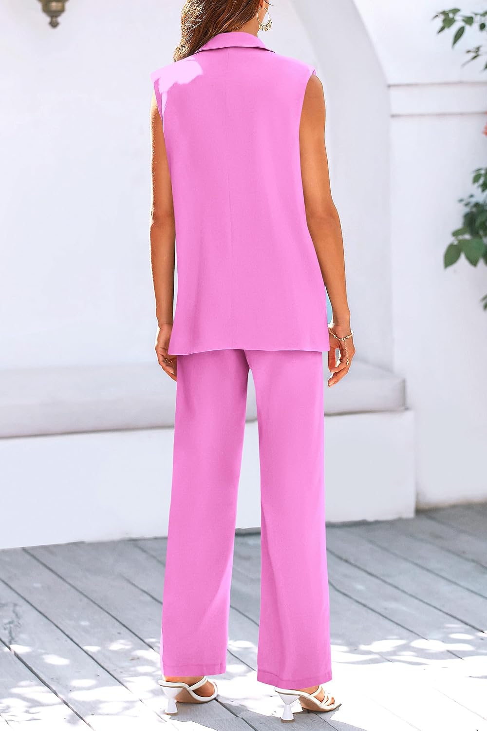 Detalle 2 de PRETTYGARDEN Women’s 2-Piece Sleeveless Vest Blazer + Wide-Leg Pants Suit Set