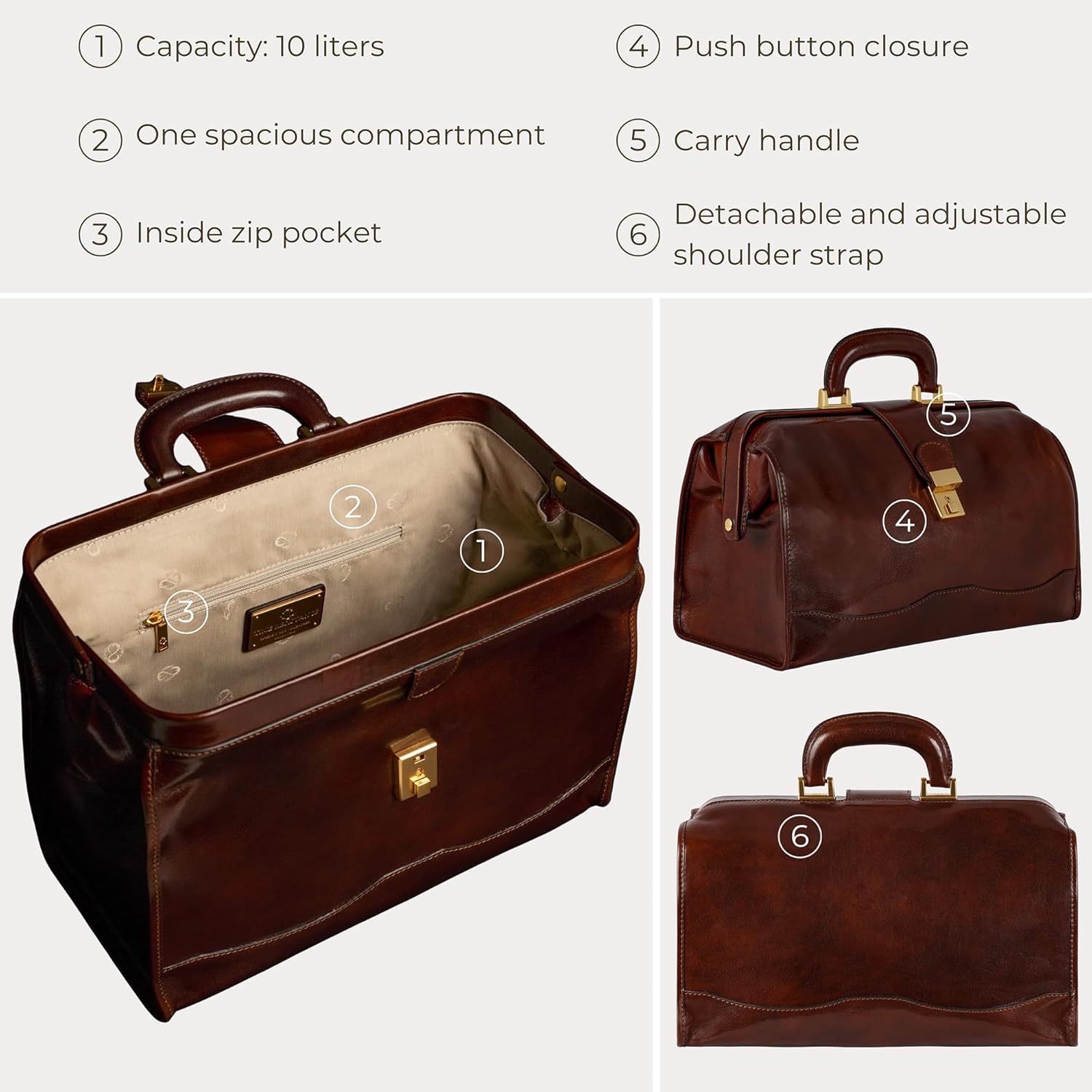 Detalle de Time Resistance Leather Doctor Bag – Vintage-Style Leather Briefcase for Men and Women