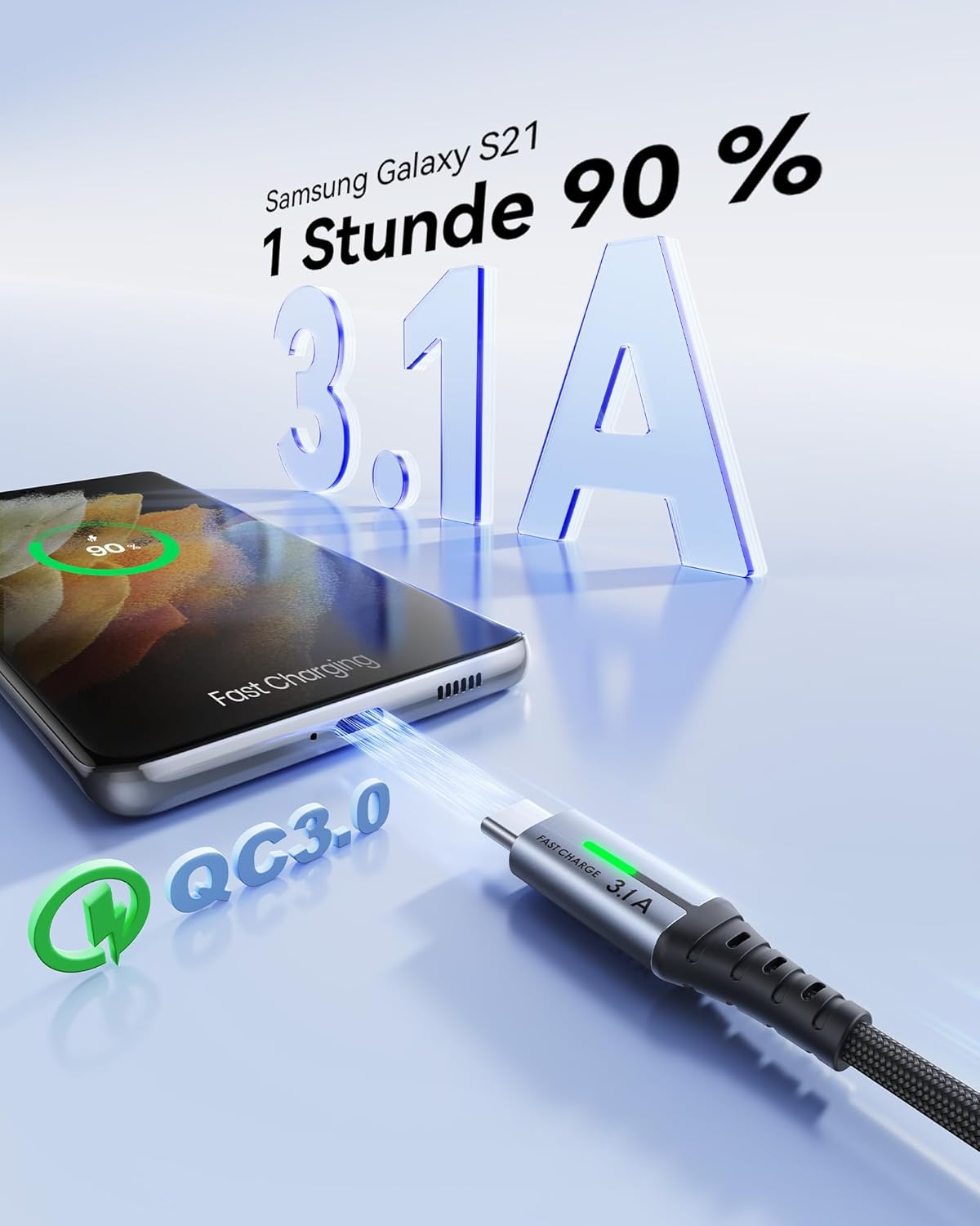 Detalle 2 de INIU USB‑C Kabel 3er‑Set 2m+2m+0,5m, 3,1A