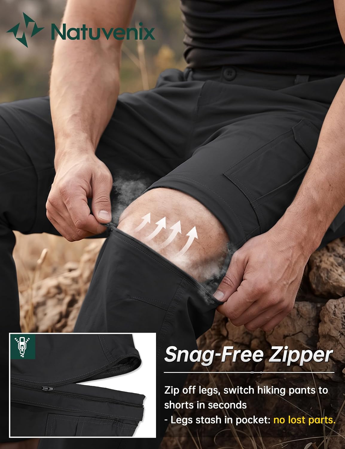 Detalle 2 de NATUVENIX Convertible Men's Hiking Pants, Quick-Dry Stretch with 6 Pockets